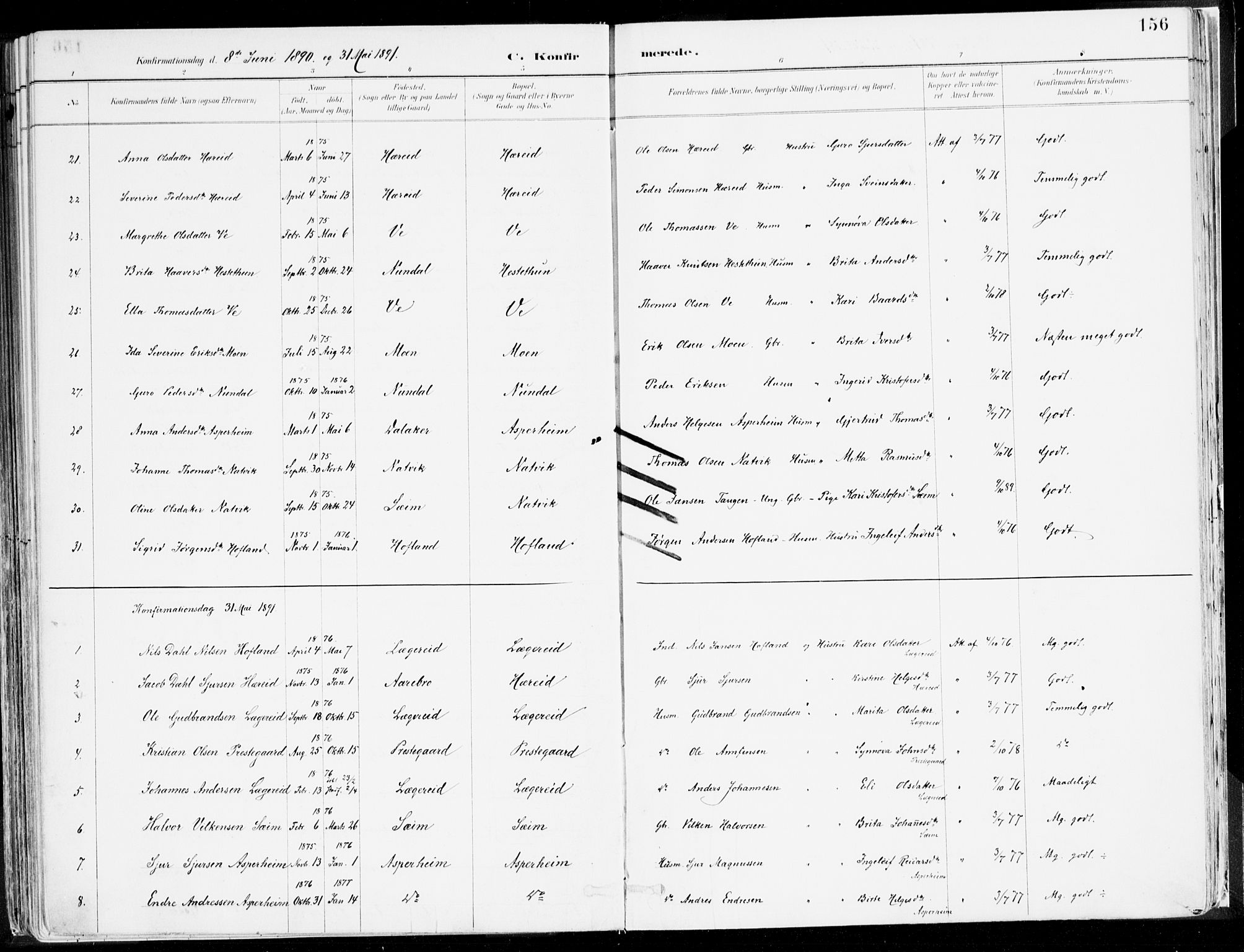 Årdal sokneprestembete, AV/SAB-A-81701: Parish register (official) no. A 5, 1887-1917, p. 156