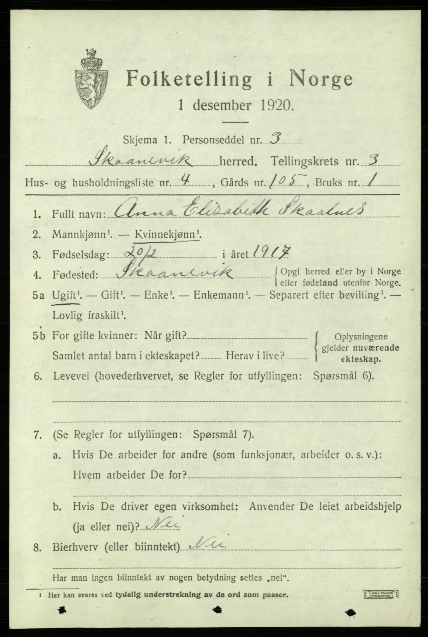 SAB, 1920 census for Skånevik, 1920, p. 2819