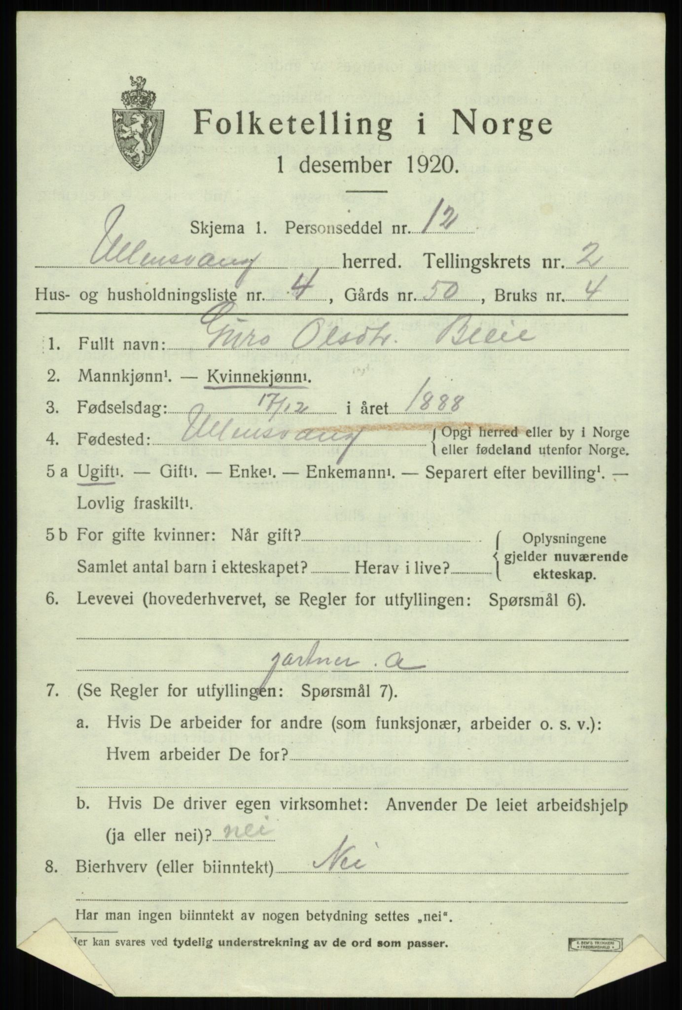 SAB, 1920 census for Ullensvang, 1920, p. 978