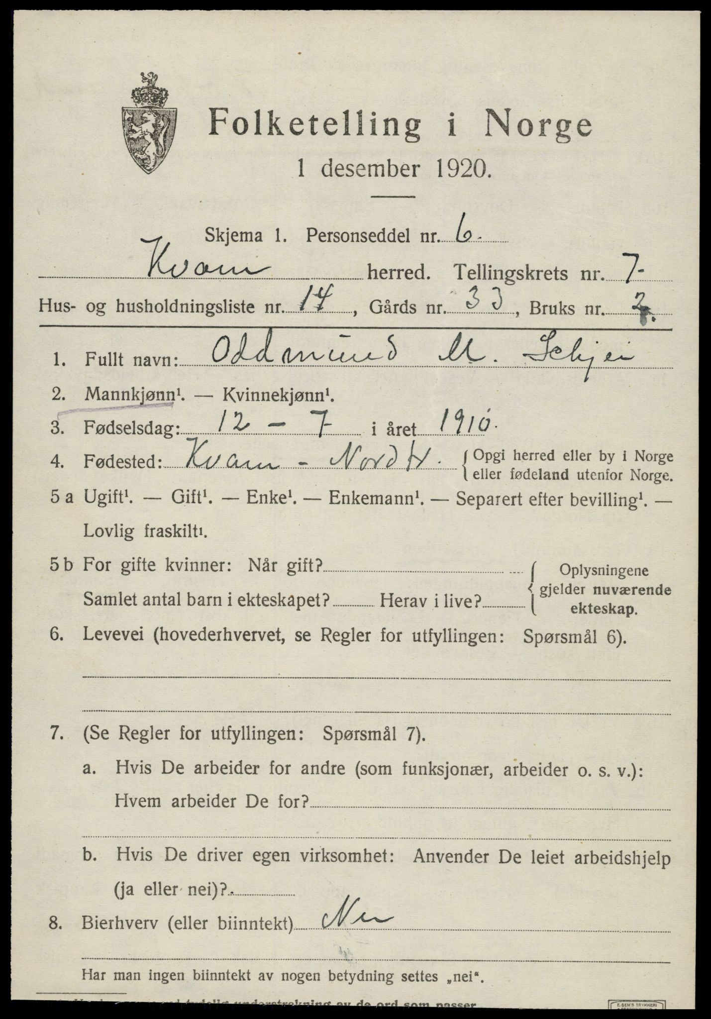 SAT, 1920 census for Kvam, 1920, p. 1989