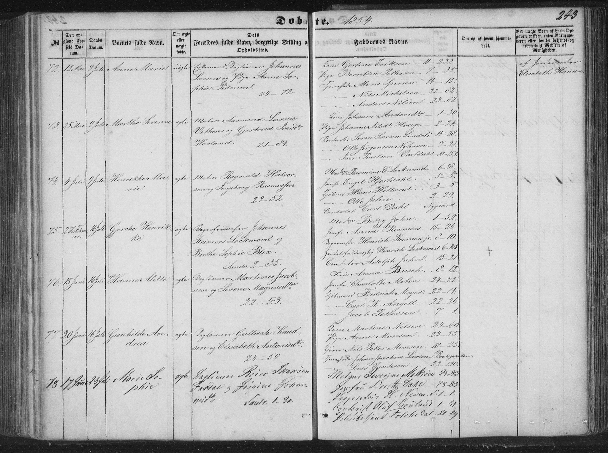 Korskirken sokneprestembete, AV/SAB-A-76101/H/Haa/L0017: Parish register (official) no. B 3, 1851-1857, p. 243