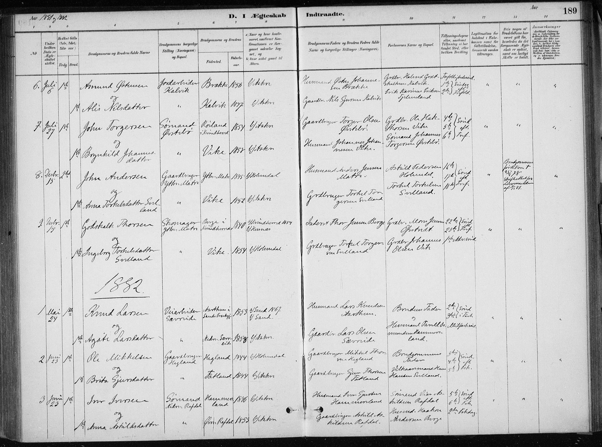 Skånevik sokneprestembete, SAB/A-77801/H/Haa: Parish register (official) no. E  1, 1879-1901, p. 189