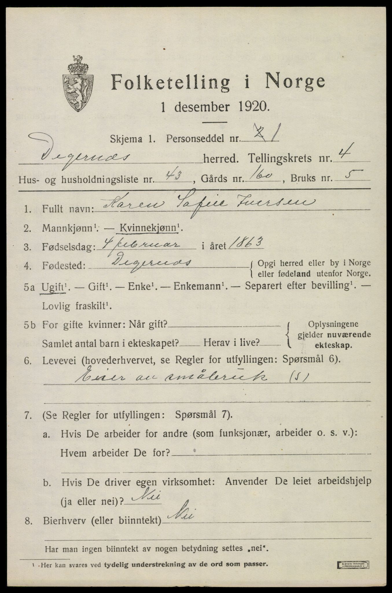 SAO, 1920 census for Degernes, 1920, p. 2732