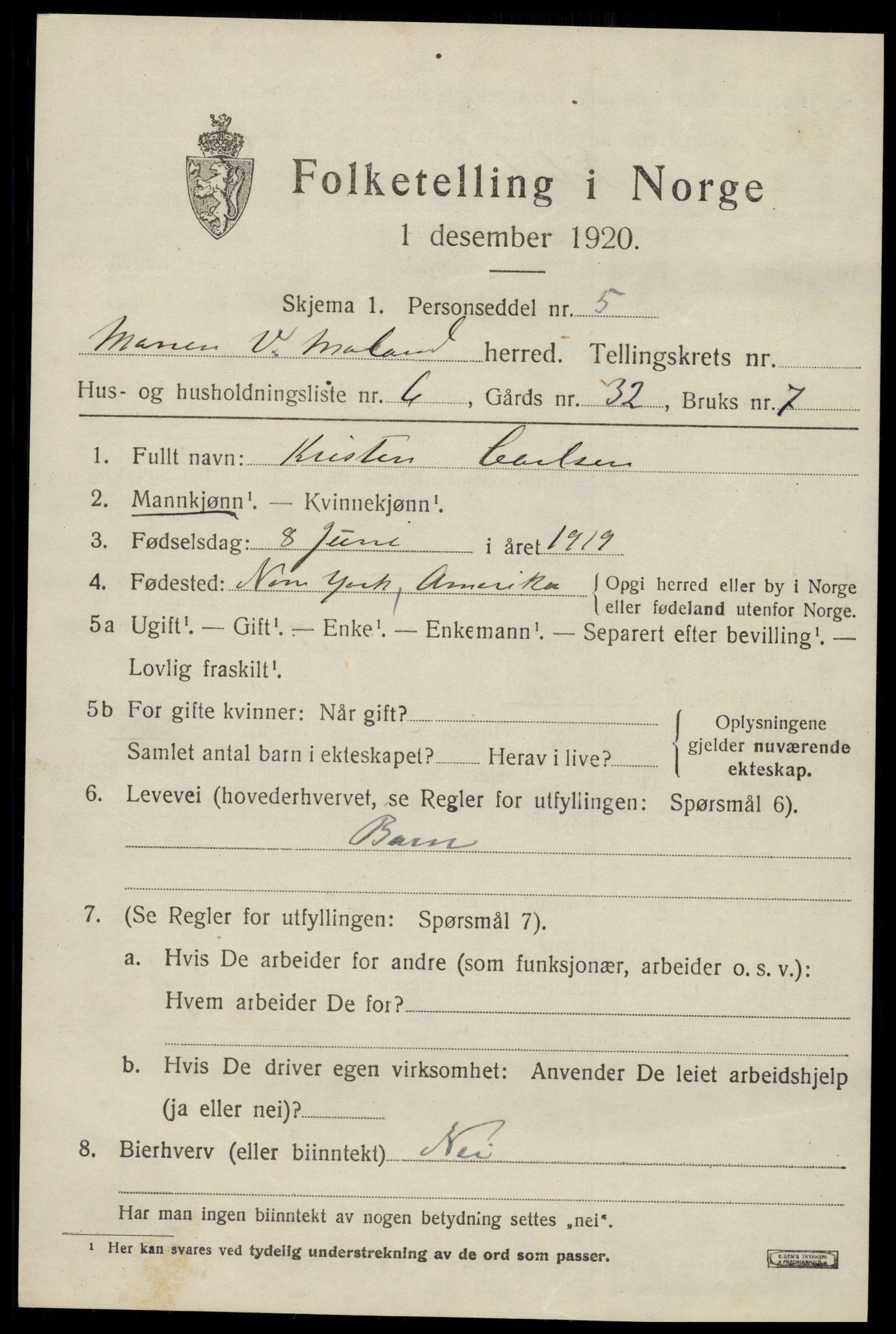 SAK, 1920 census for Vestre Moland, 1920, p. 1099