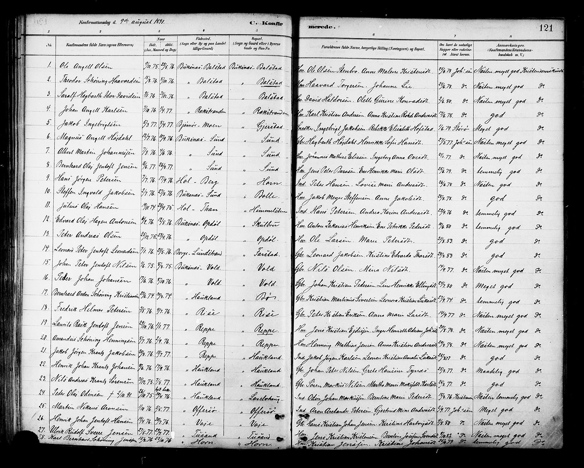 Ministerialprotokoller, klokkerbøker og fødselsregistre - Nordland, SAT/A-1459/881/L1167: Parish register (copy) no. 881C04, 1886-1899, p. 121