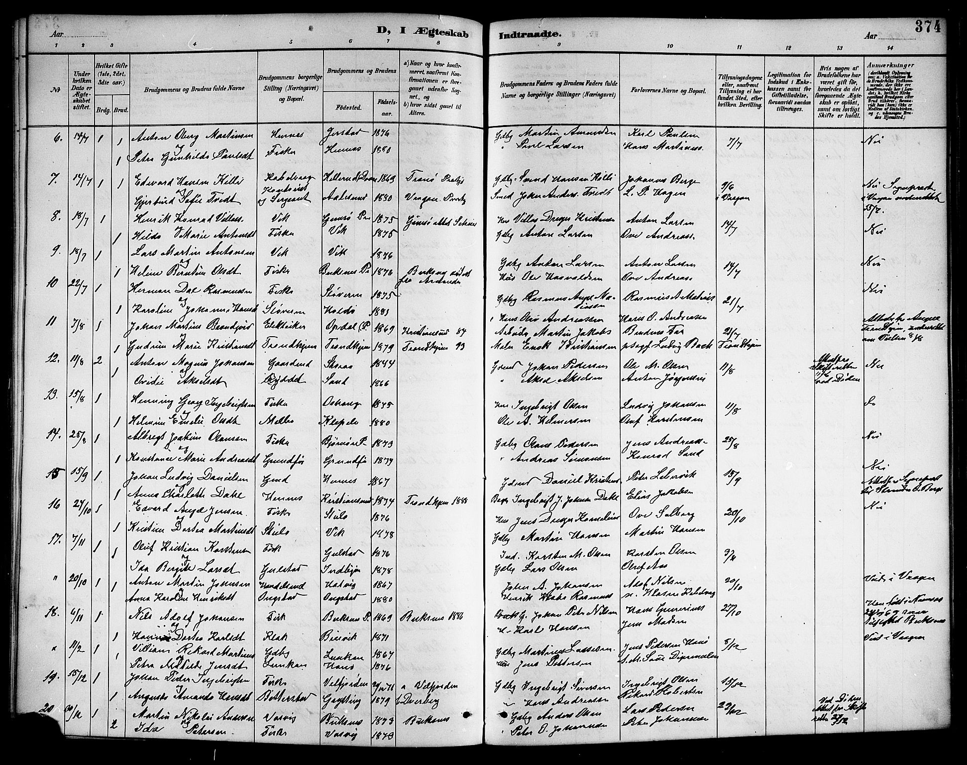 Ministerialprotokoller, klokkerbøker og fødselsregistre - Nordland, AV/SAT-A-1459/888/L1268: Parish register (copy) no. 888C06, 1891-1908, p. 374