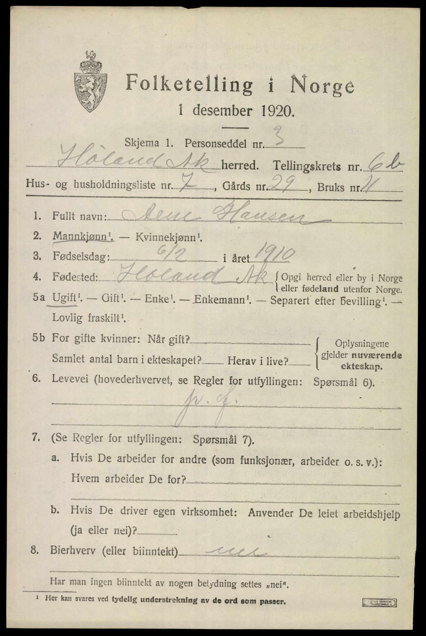 SAO, 1920 census for Høland, 1920, p. 9095