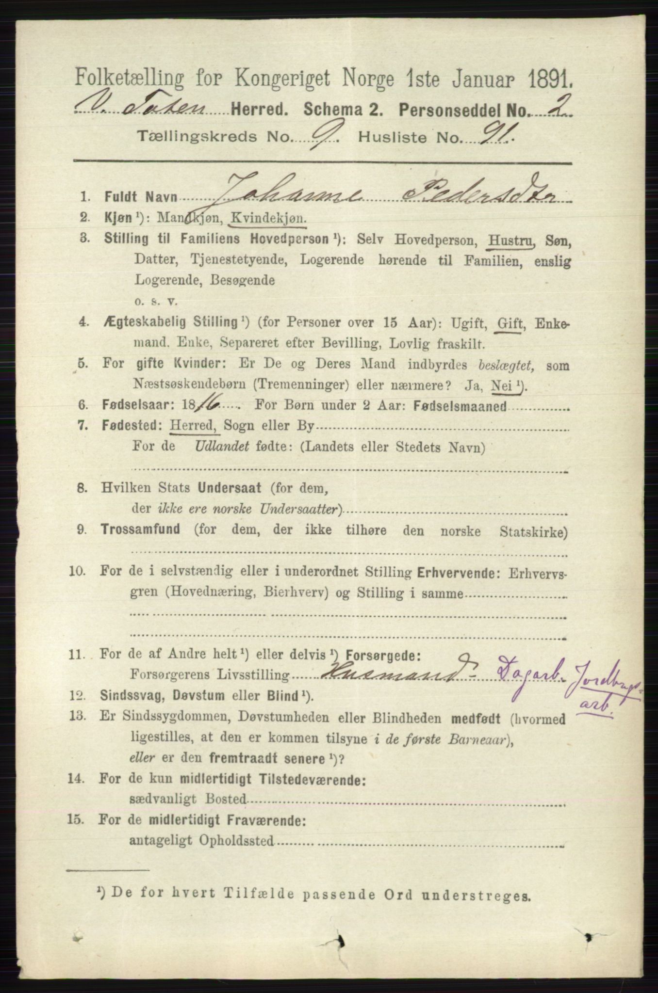 RA, 1891 census for 0529 Vestre Toten, 1891, p. 6105