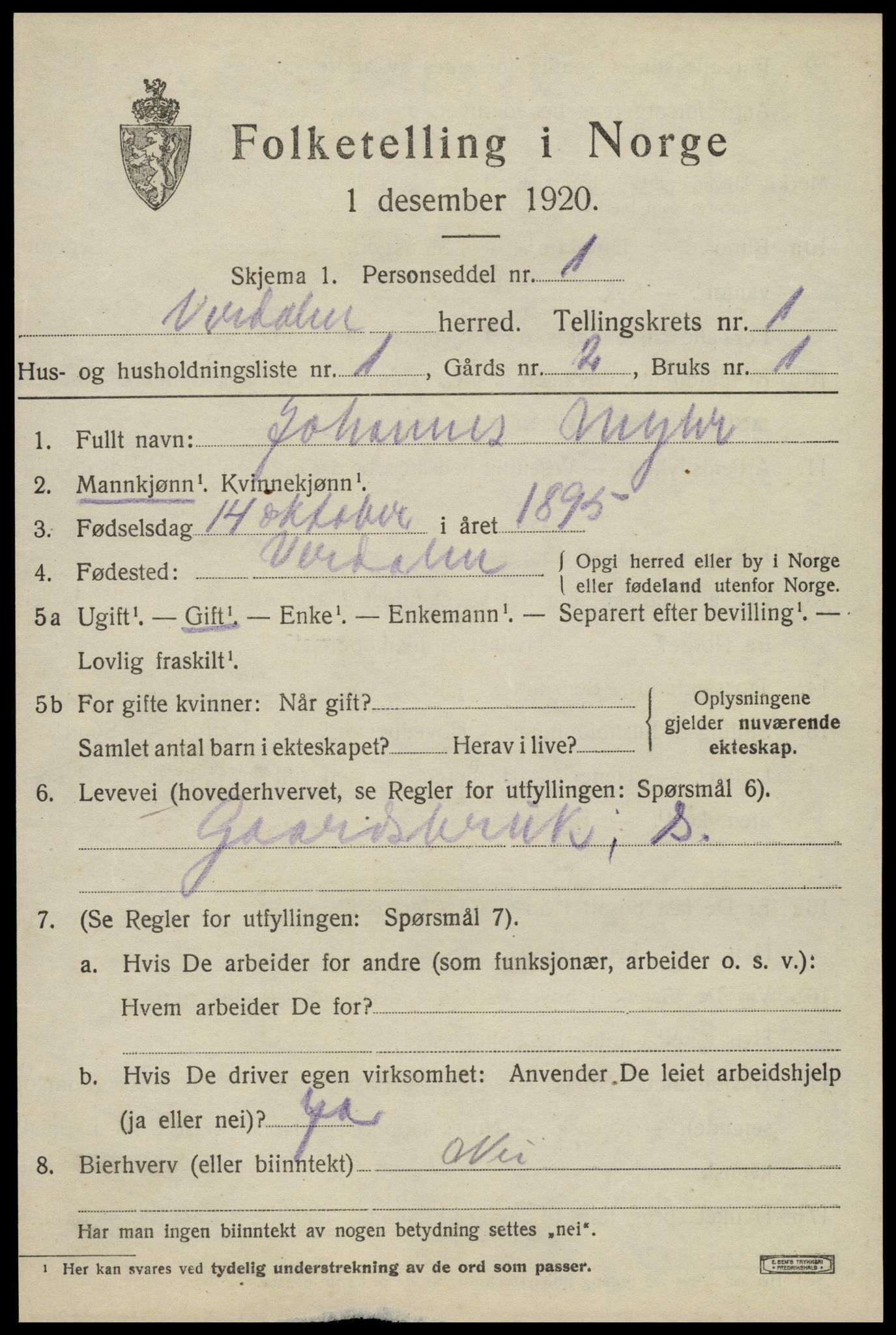 SAT, 1920 census for Verdal, 1920, p. 2343