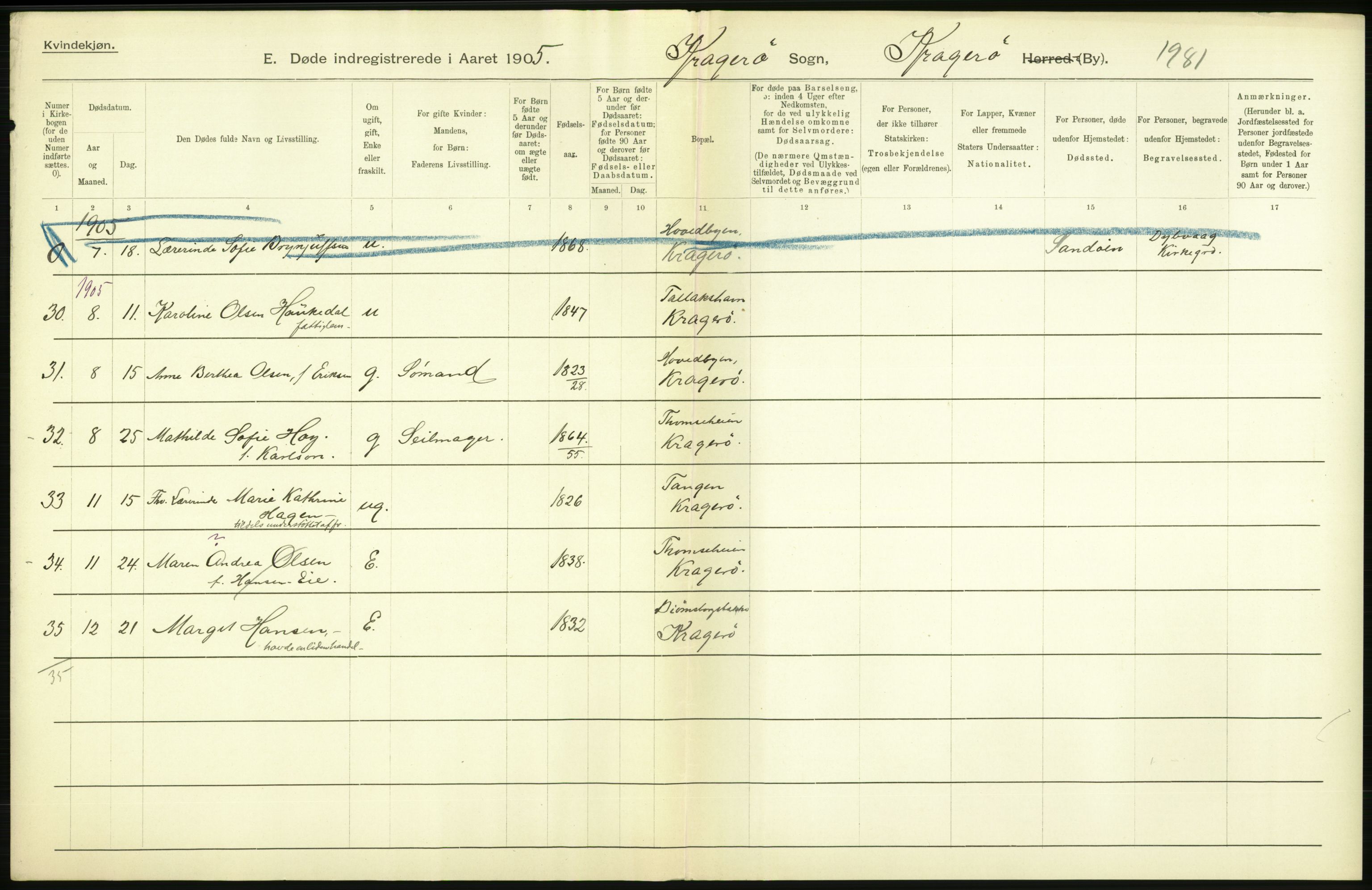 Statistisk sentralbyrå, Sosiodemografiske emner, Befolkning, AV/RA-S-2228/D/Df/Dfa/Dfac/L0043: Bratsberg - Lister og Mandals amt: Levendefødte menn og kvinner, gifte, døde, dødfødte. Byer., 1905, p. 212