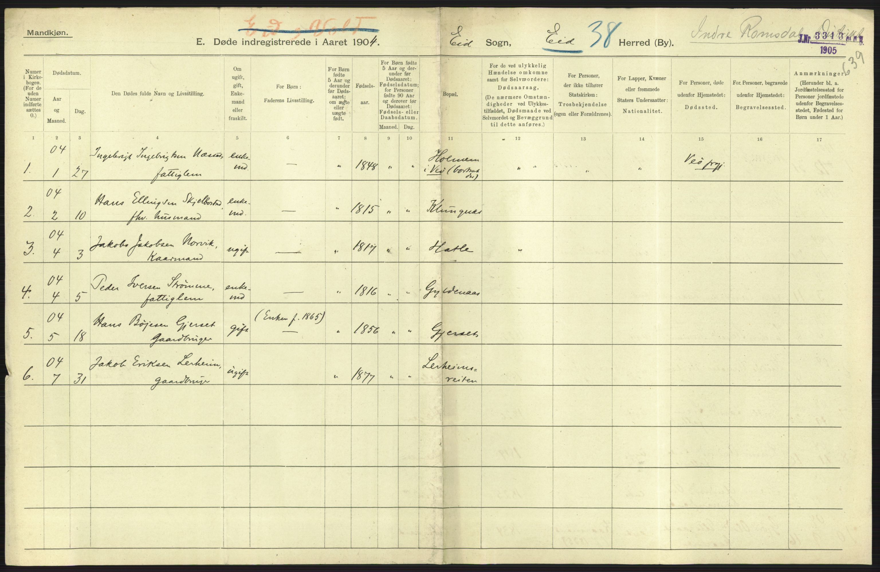 Statistisk sentralbyrå, Sosiodemografiske emner, Befolkning, RA/S-2228/D/Df/Dfa/Dfab/L0016: Romsdals amt: Fødte, gifte, døde., 1904, p. 783