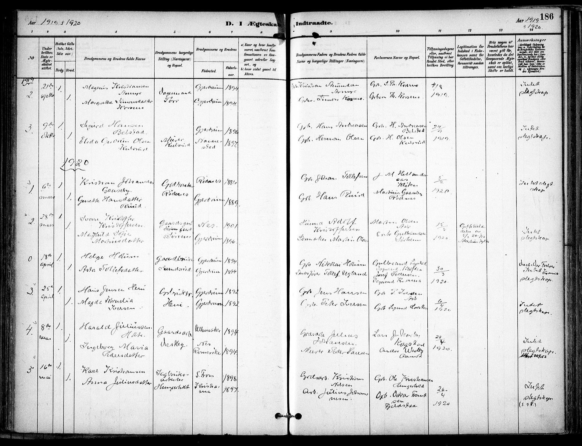 Gjerdrum prestekontor Kirkebøker, SAO/A-10412b/F/Fb/L0001: Parish register (official) no. II 1, 1881-1921, p. 186