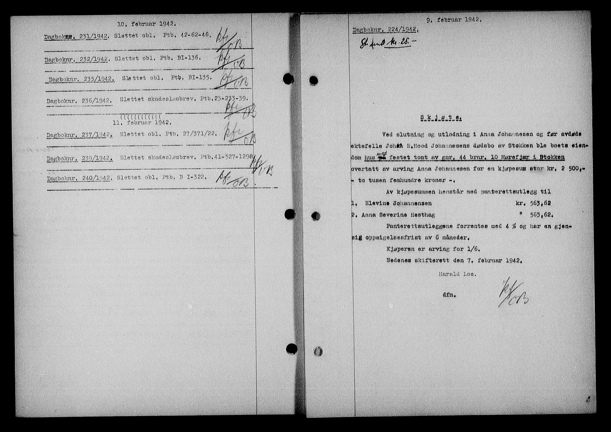 Nedenes sorenskriveri, SAK/1221-0006/G/Gb/Gba/L0049: Mortgage book no. A-III, 1941-1942, Diary no: : 224/1942