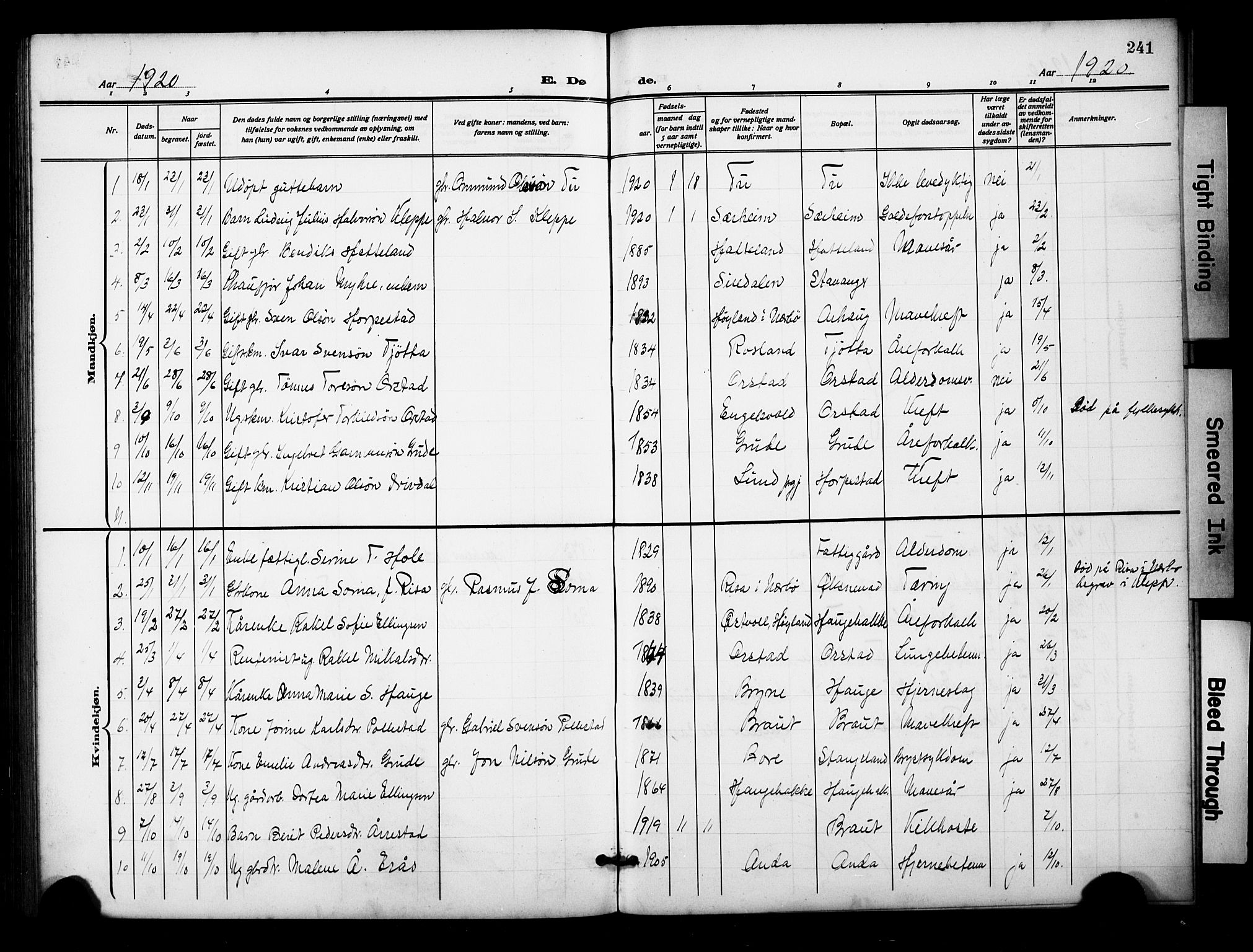 Klepp sokneprestkontor, AV/SAST-A-101803/001/3/30BB/L0007: Parish register (copy) no. B 7, 1908-1934, p. 241