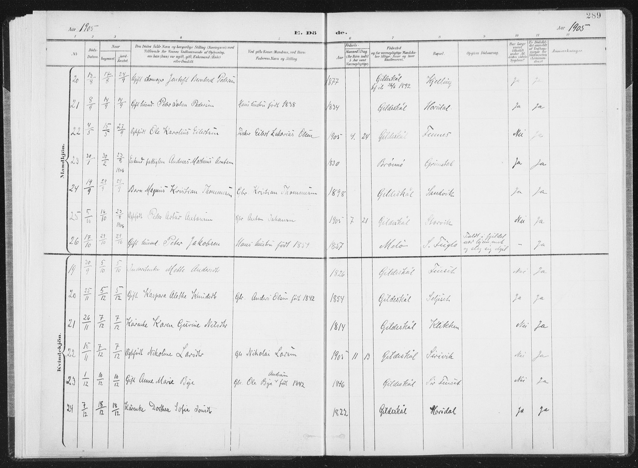 Ministerialprotokoller, klokkerbøker og fødselsregistre - Nordland, AV/SAT-A-1459/805/L0103: Parish register (official) no. 805A08II, 1900-1909, p. 289