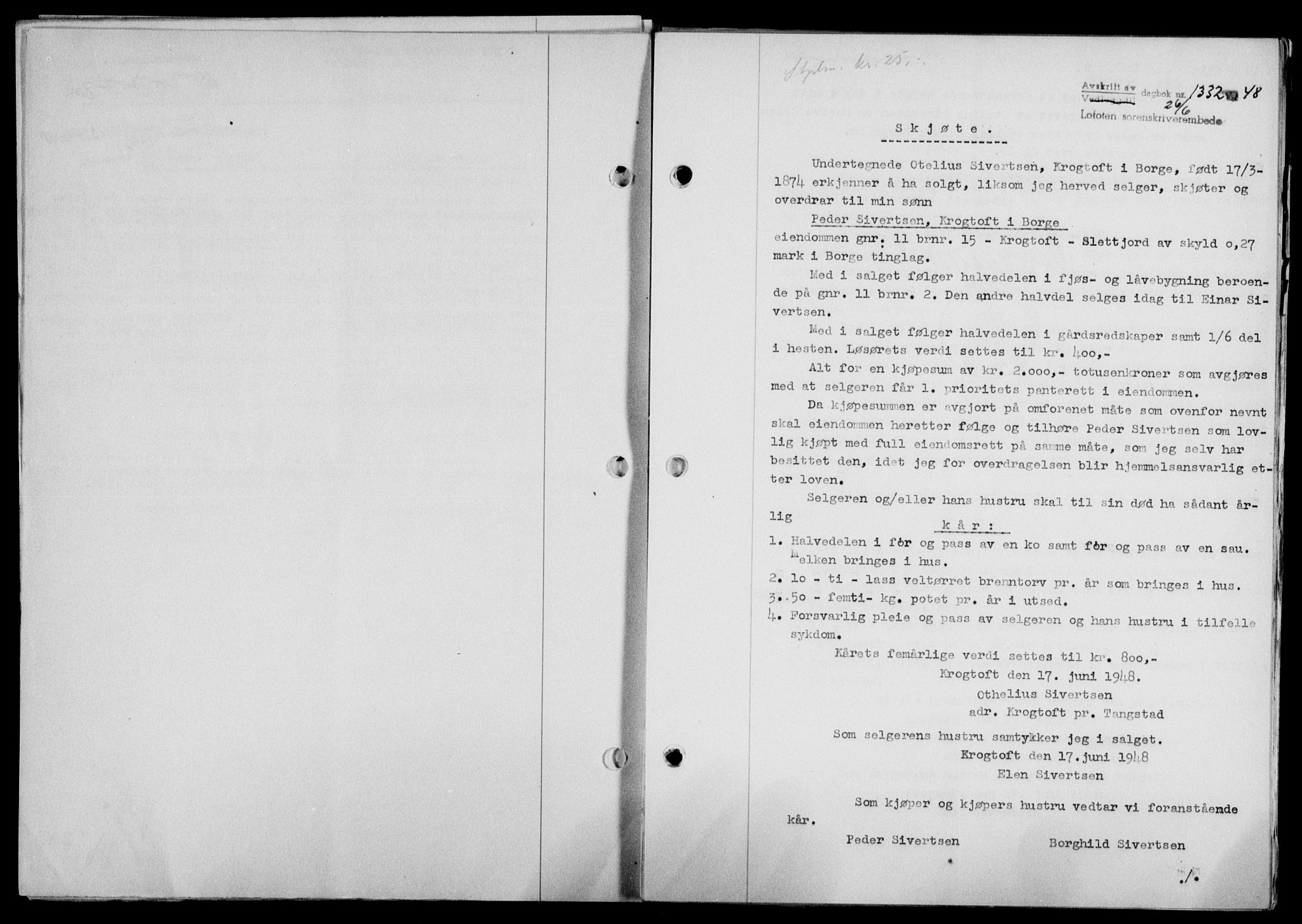 Lofoten sorenskriveri, SAT/A-0017/1/2/2C/L0018a: Mortgage book no. 18a, 1948-1948, Diary no: : 1332/1948