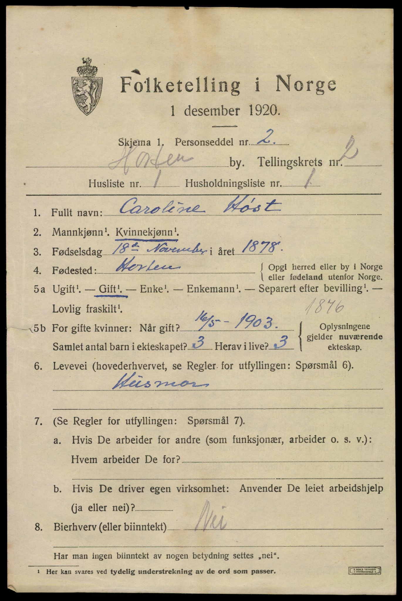 SAKO, 1920 census for Horten, 1920, p. 10205