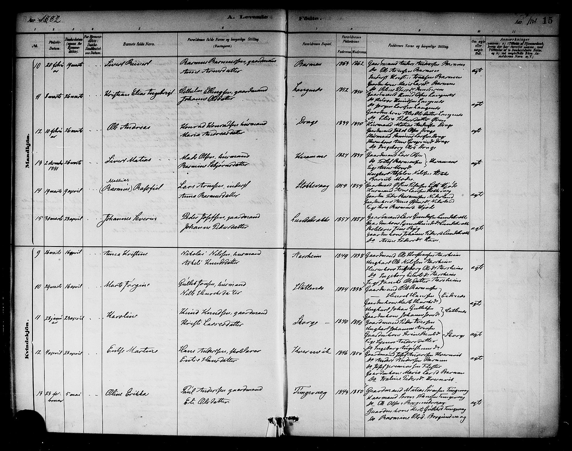 Selje sokneprestembete, AV/SAB-A-99938/H/Ha/Haa/Haab: Parish register (official) no. B 1, 1881-1890, p. 15