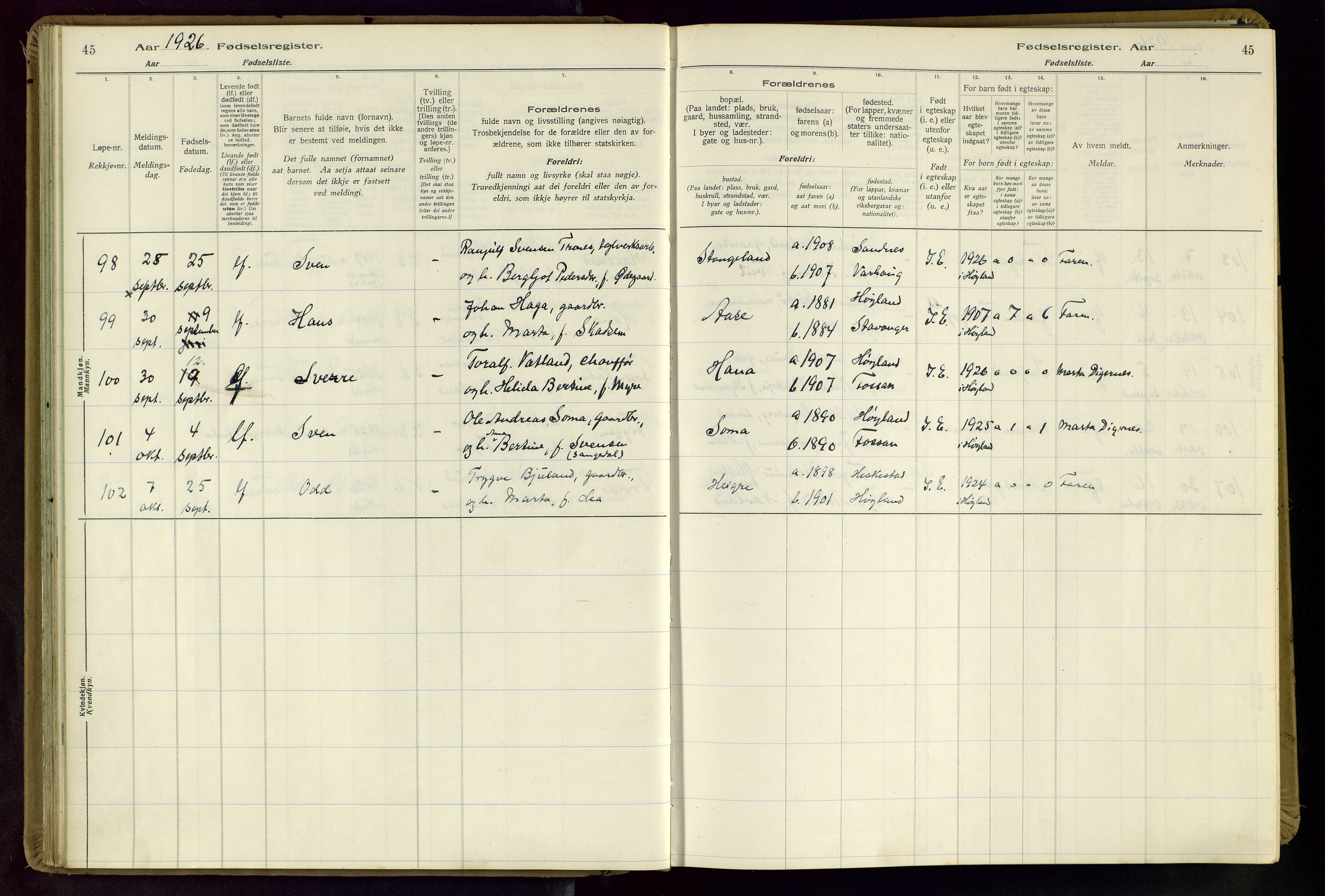 Høyland sokneprestkontor, SAST/A-101799/002/O/L0002: Birth register no. 2, 1924-1934, p. 45