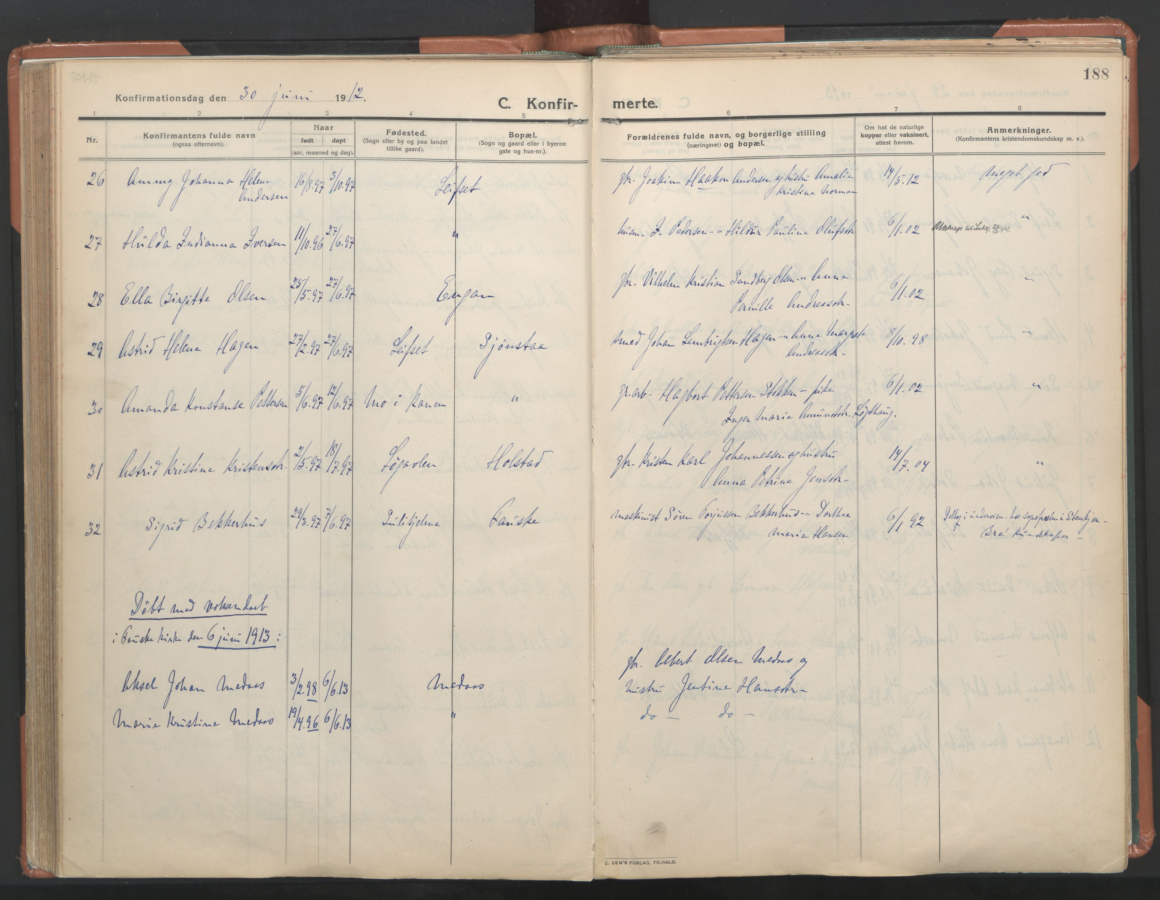 Ministerialprotokoller, klokkerbøker og fødselsregistre - Nordland, SAT/A-1459/849/L0698: Parish register (official) no. 849A09, 1911-1924, p. 188