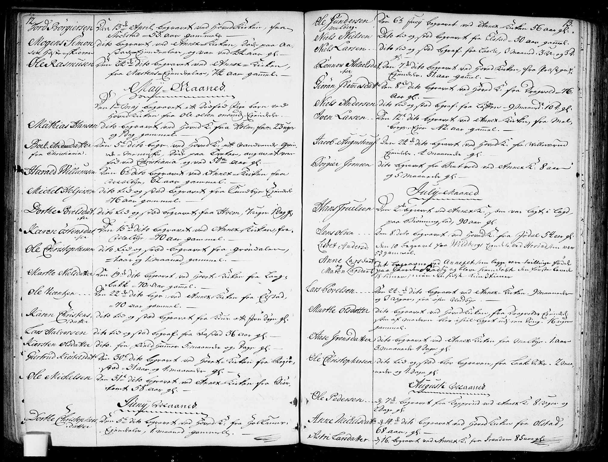 Ullensaker prestekontor Kirkebøker, SAO/A-10236a/F/Fa/L0010: Parish register (official) no. I 10, 1733-1776, p. 12-13