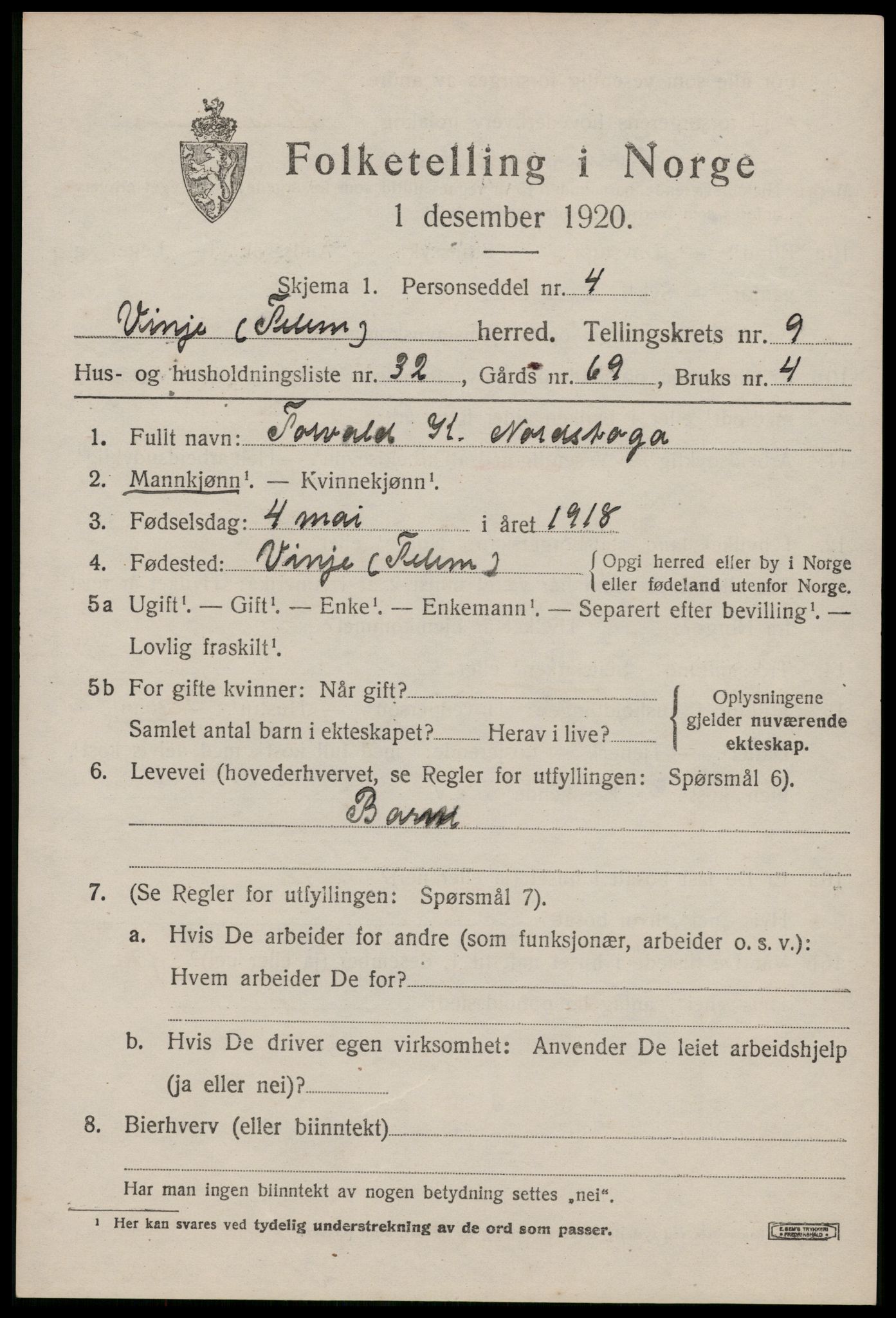 SAKO, 1920 census for Vinje, 1920, p. 2973