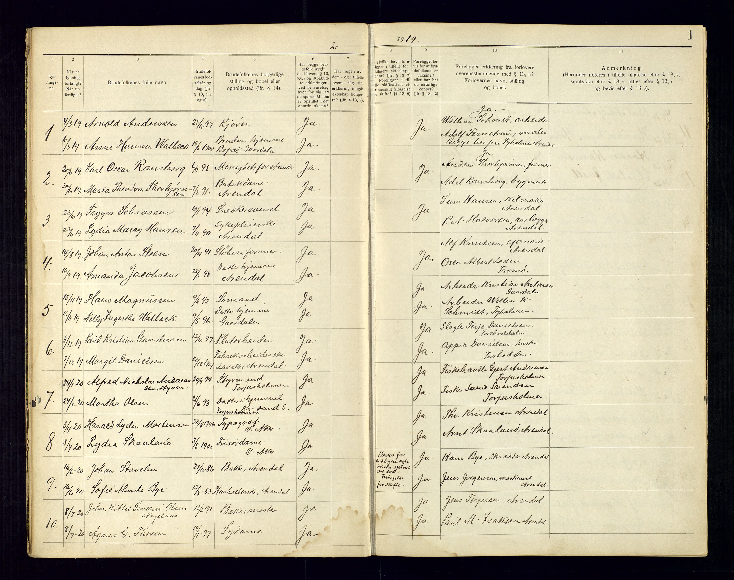 Metodistmenigheten, Arendal, AV/SAK-1292-0011/F/Fc/L0001/0001: Marriage register (dissenter) no. 1.1, 1920-1969, p. 1