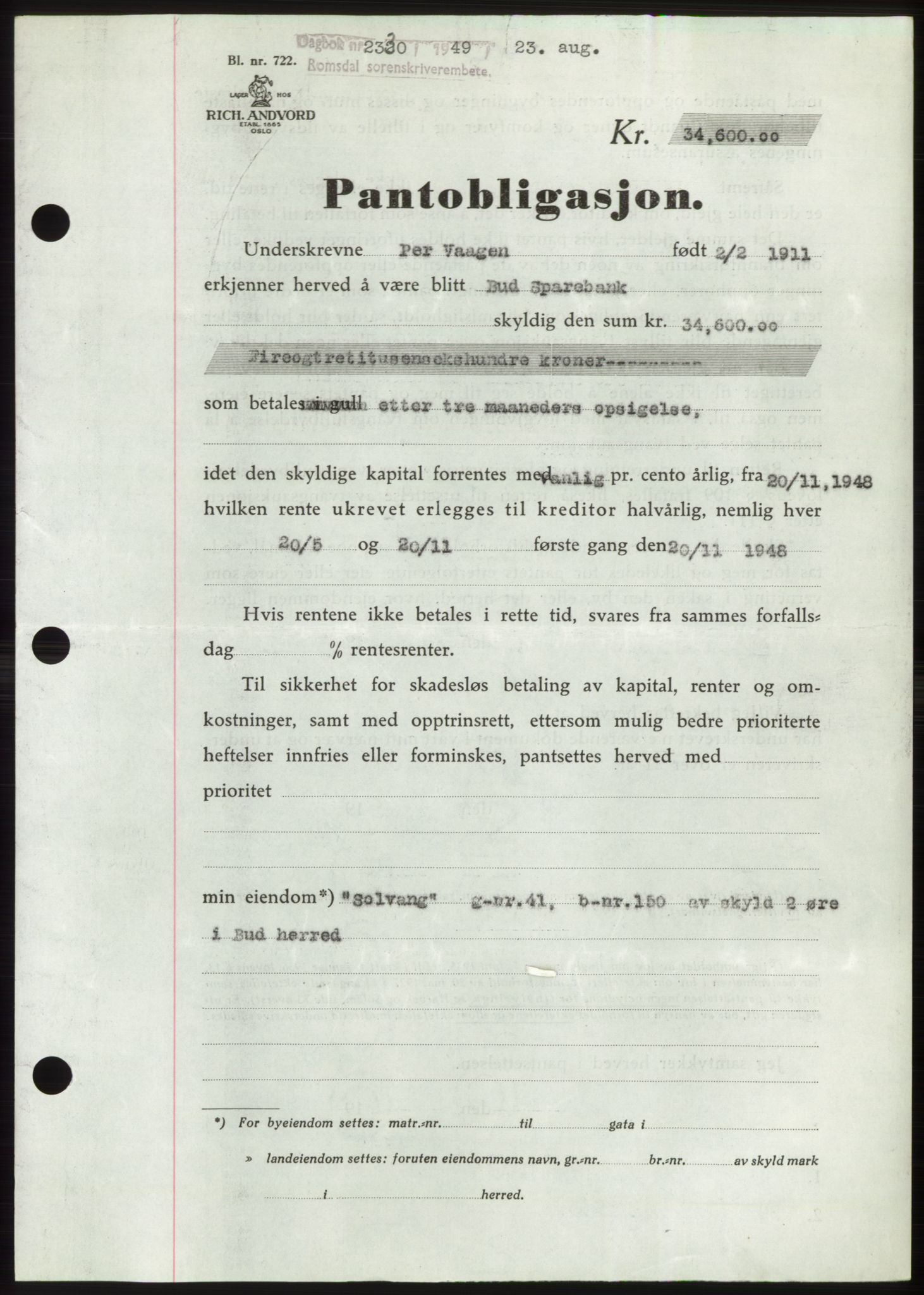 Romsdal sorenskriveri, AV/SAT-A-4149/1/2/2C: Mortgage book no. B4, 1948-1949, Diary no: : 2330/1949