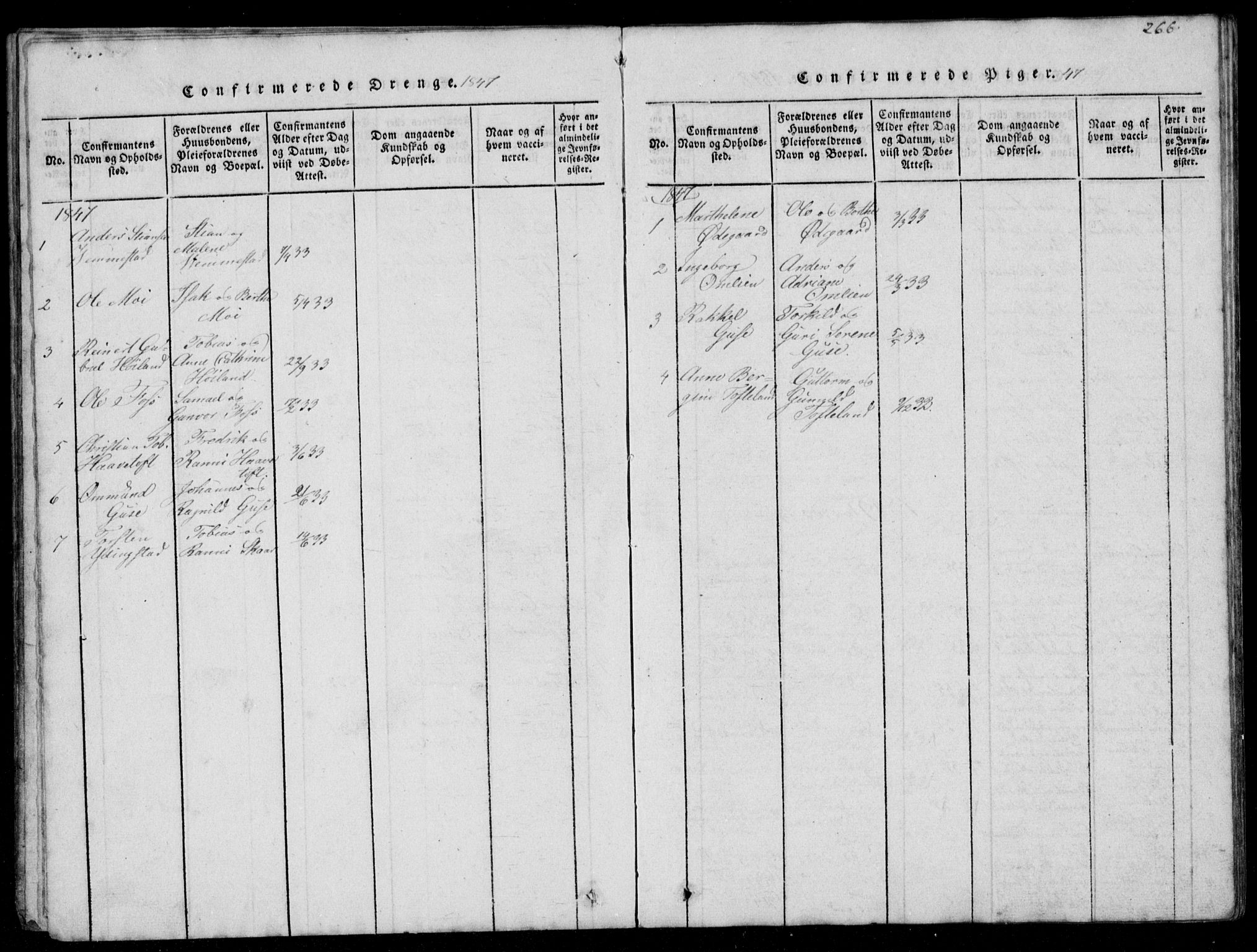 Lyngdal sokneprestkontor, AV/SAK-1111-0029/F/Fb/Fbb/L0001: Parish register (copy) no. B 1, 1816-1900, p. 266