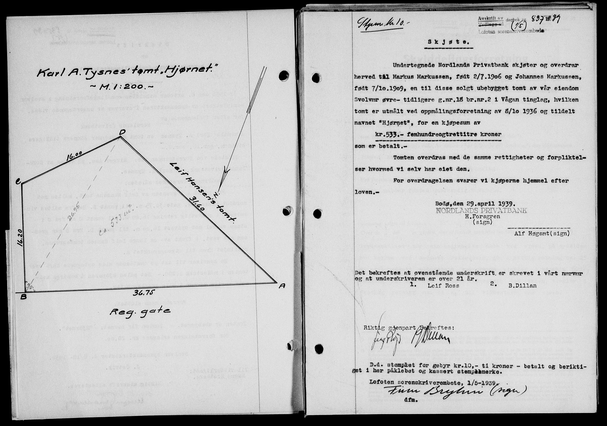 Lofoten sorenskriveri, SAT/A-0017/1/2/2C/L0005a: Mortgage book no. 5a, 1939-1939, Diary no: : 837/1939