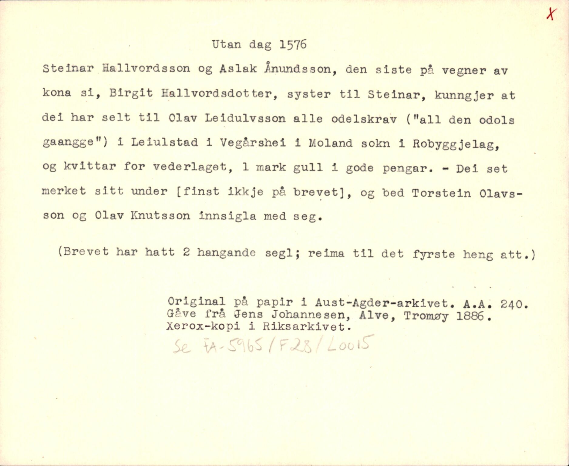 Riksarkivets diplomsamling, AV/RA-EA-5965/F35/F35d/L0001: Innlånte diplomer, seddelregister, 1316-1591, p. 425