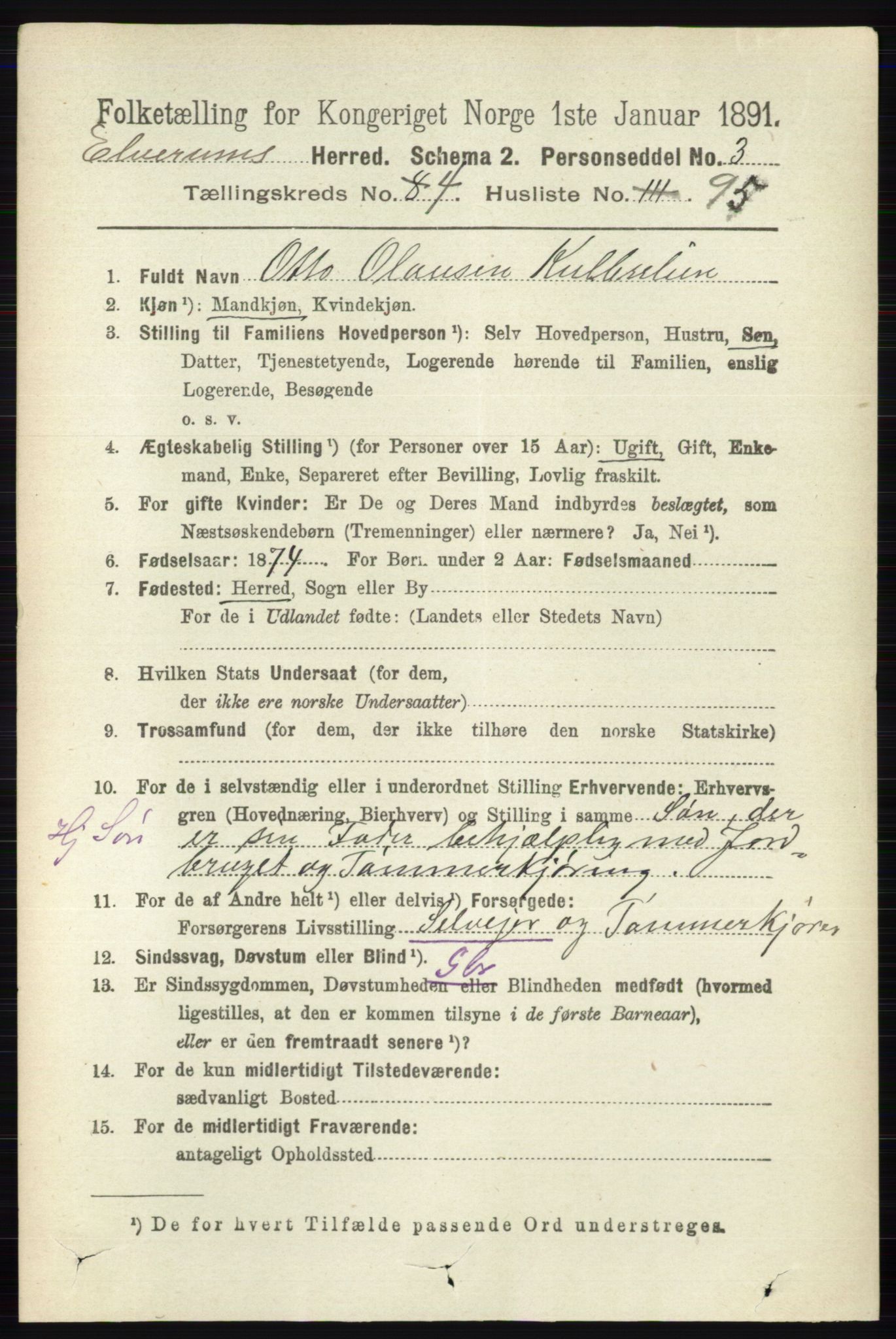 RA, 1891 census for 0427 Elverum, 1891, p. 2925