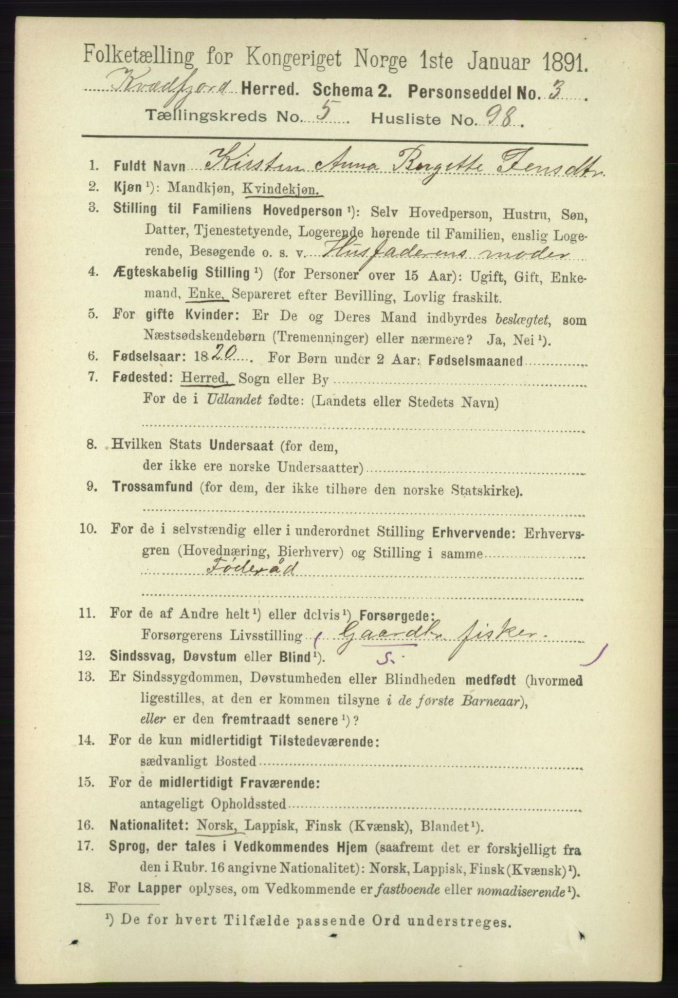 RA, 1891 census for 1911 Kvæfjord, 1891, p. 3461