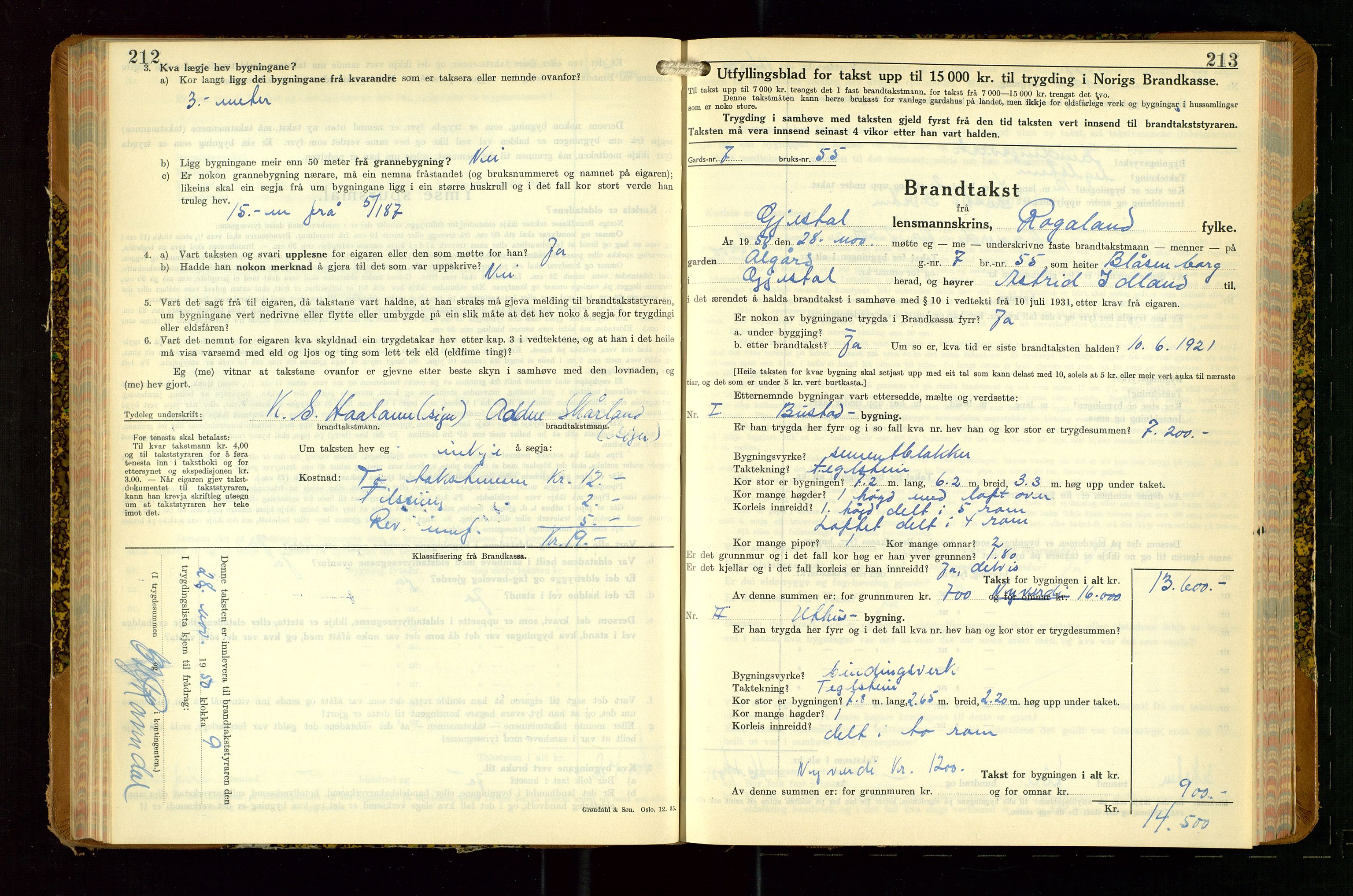 Gjesdal lensmannskontor, AV/SAST-A-100441/Go/L0008: Branntakstskjemaprotokoll, 1937-1955, p. 212-213