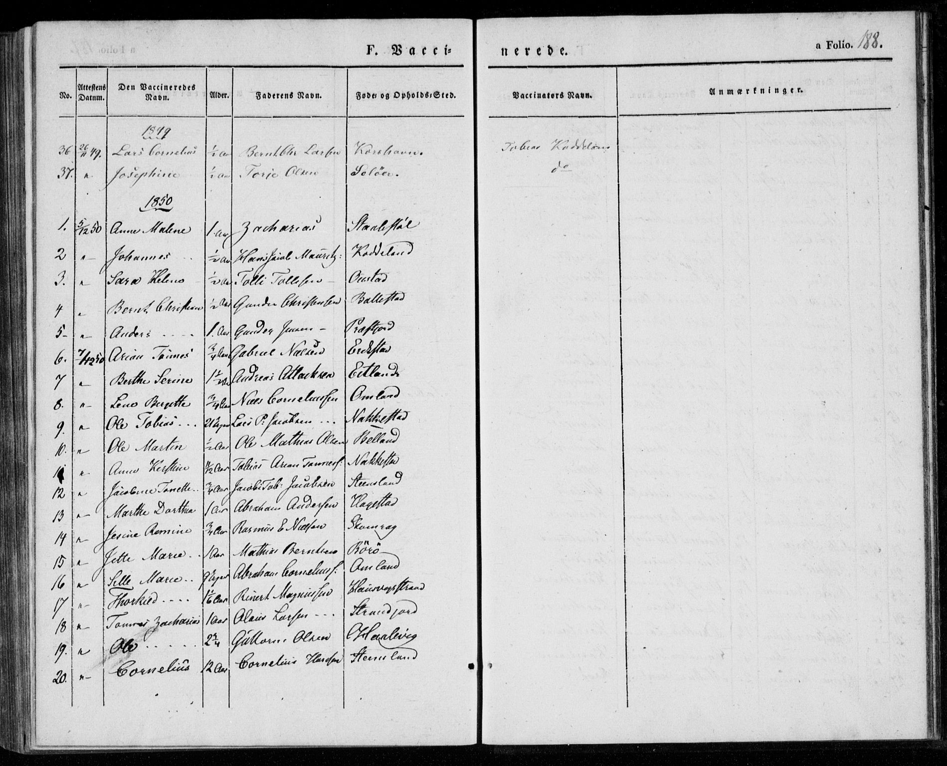 Lyngdal sokneprestkontor, SAK/1111-0029/F/Fa/Faa/L0001: Parish register (official) no. A 1, 1837-1857, p. 188