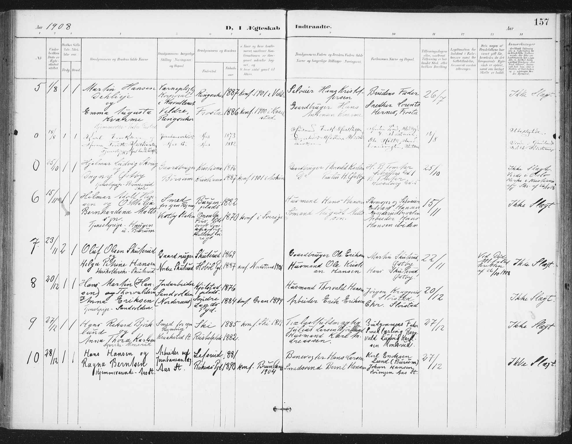 Ås prestekontor Kirkebøker, AV/SAO-A-10894/F/Fa/L0010: Parish register (official) no. I 10, 1900-1918, p. 157