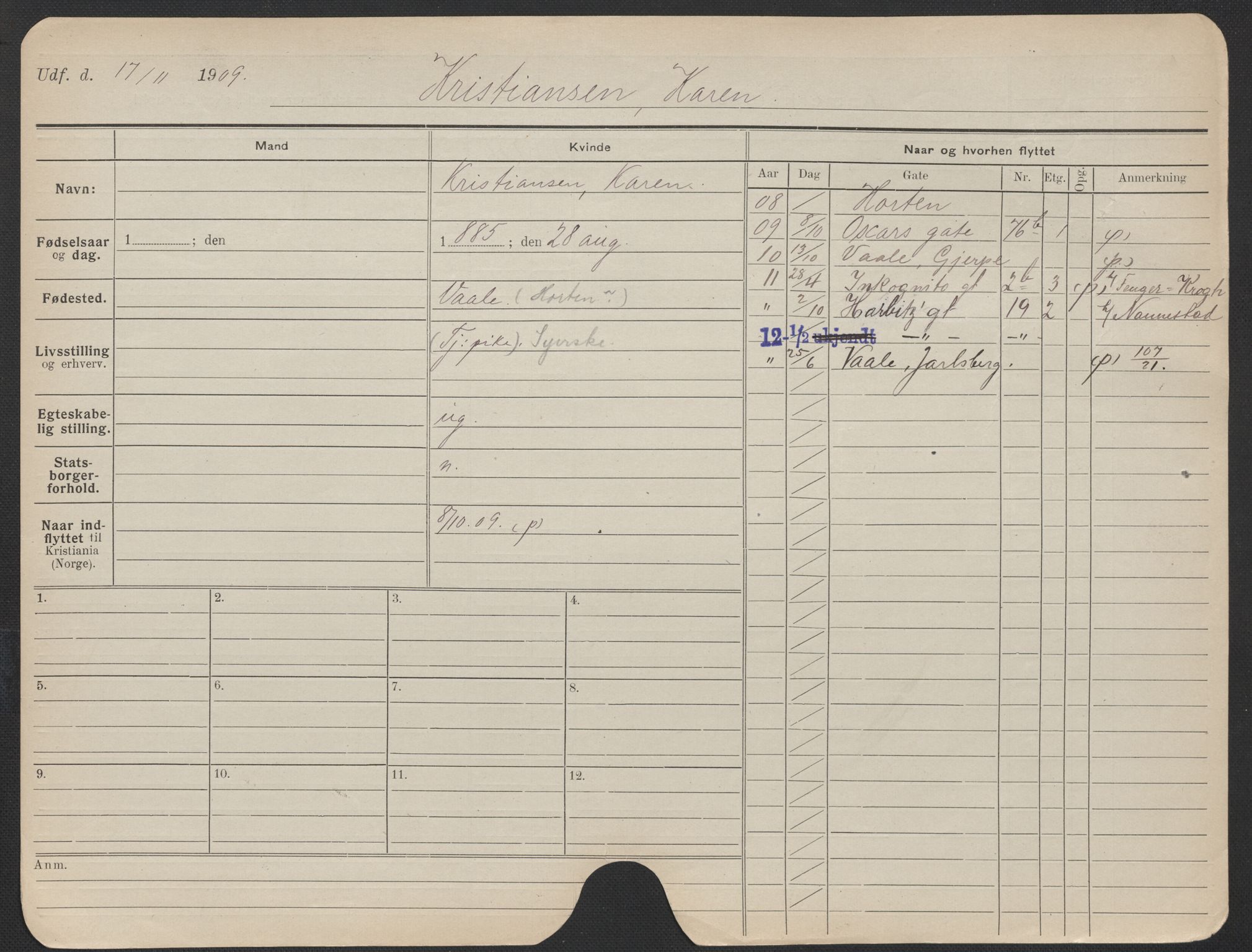 Oslo folkeregister, Registerkort, AV/SAO-A-11715/F/Fa/Fac/L0019: Kvinner, 1906-1914, p. 335a