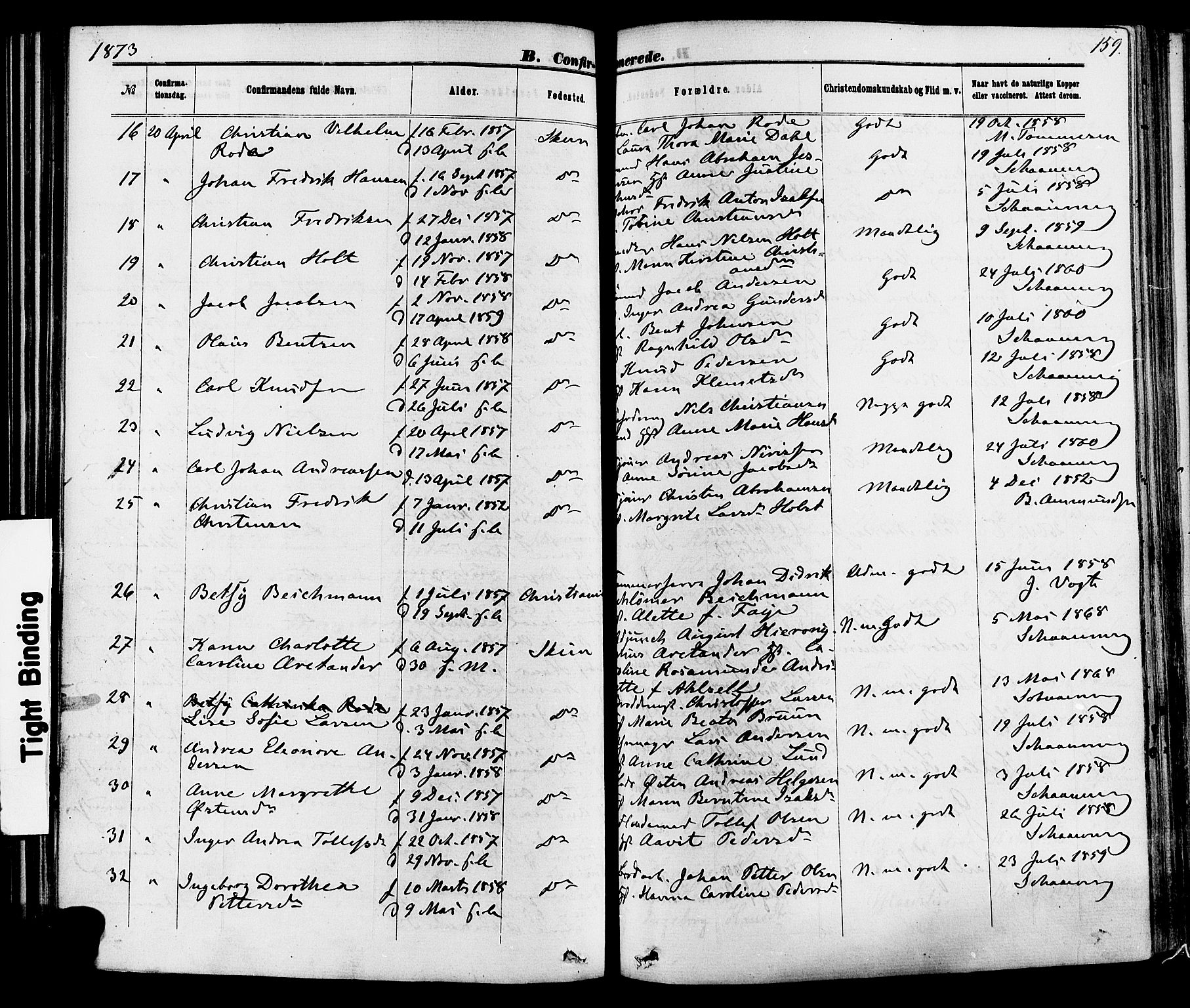 Skien kirkebøker, SAKO/A-302/F/Fa/L0008: Parish register (official) no. 8, 1866-1877, p. 159