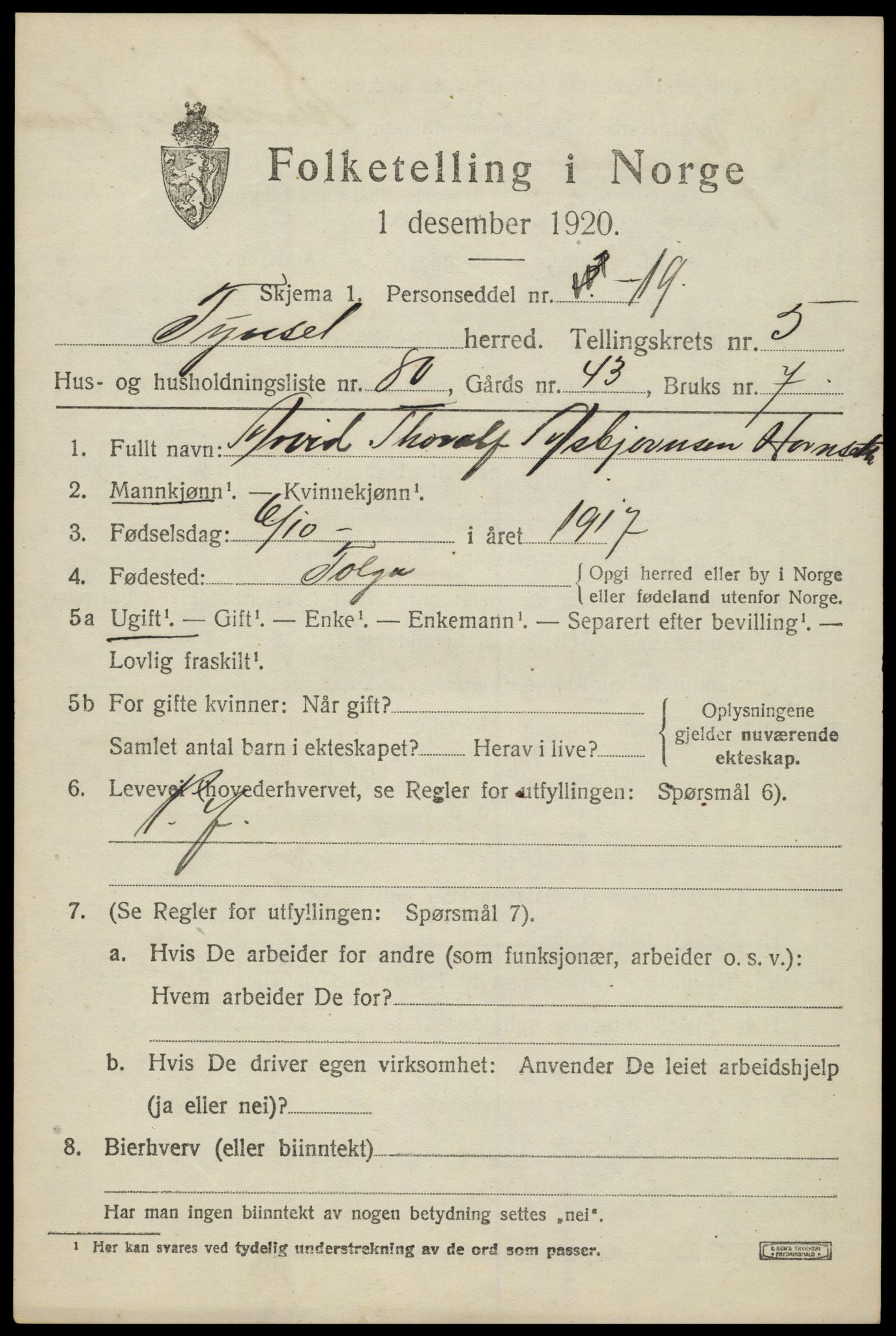 SAH, 1920 census for Tynset, 1920, p. 5460