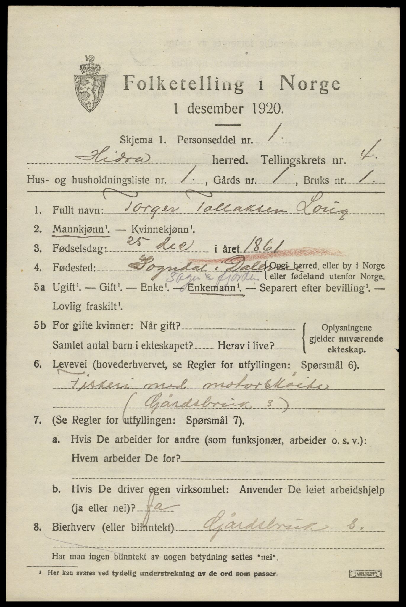 SAK, 1920 census for Hidra, 1920, p. 2086