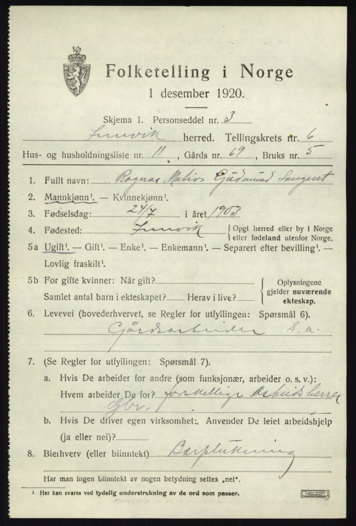 SAB, 1920 census for Innvik, 1920, p. 3145