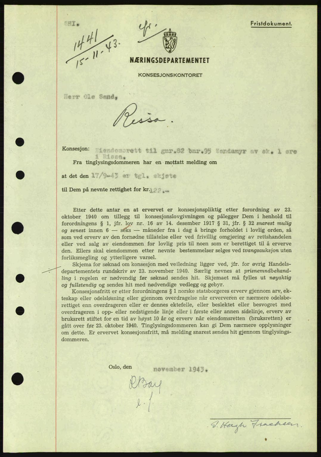 Fosen sorenskriveri, AV/SAT-A-1107/1/2/2C: Mortgage book no. B1, 1943-1945, Diary no: : 1441/1943