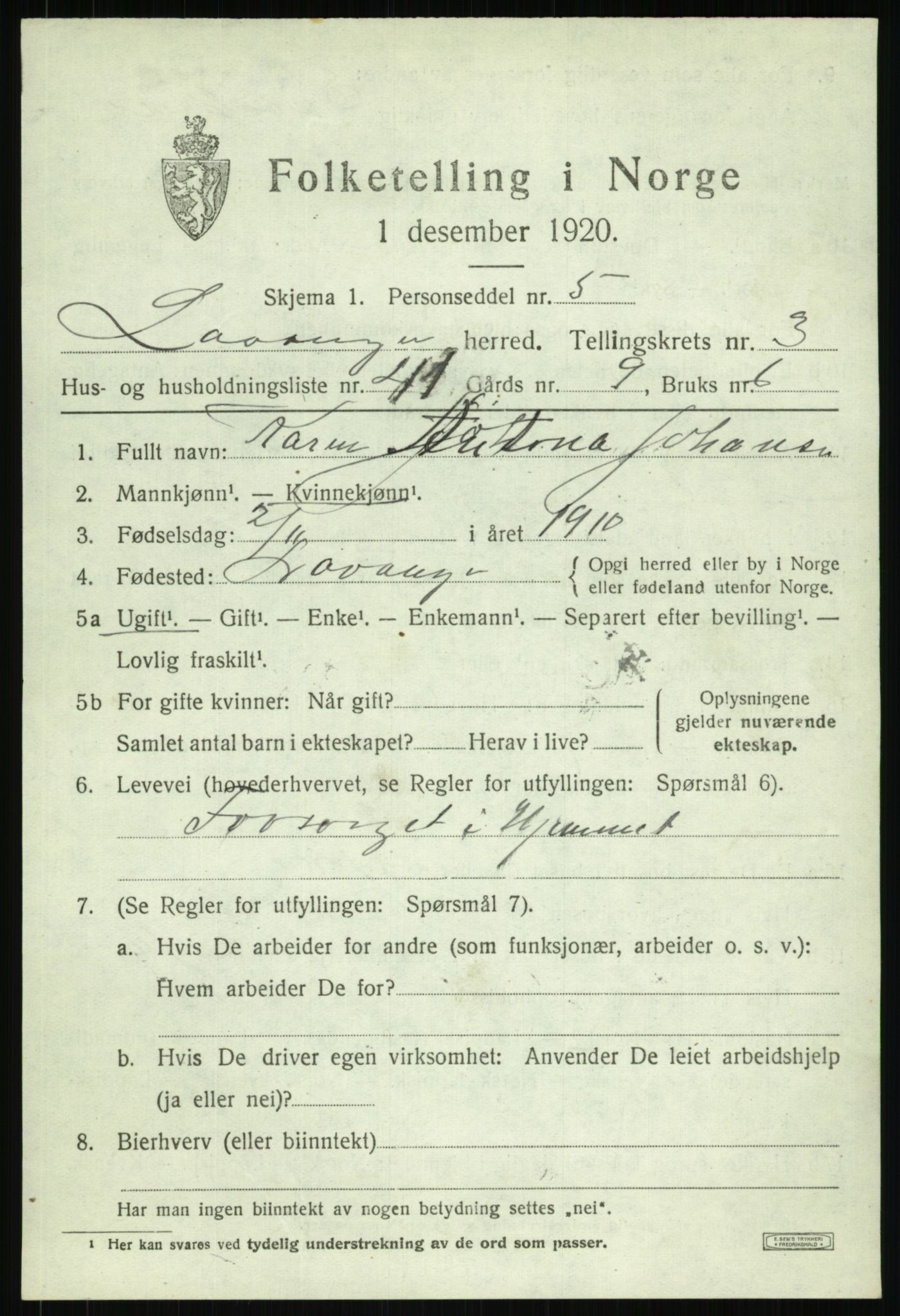 SATØ, 1920 census for Lavangen, 1920, p. 1897