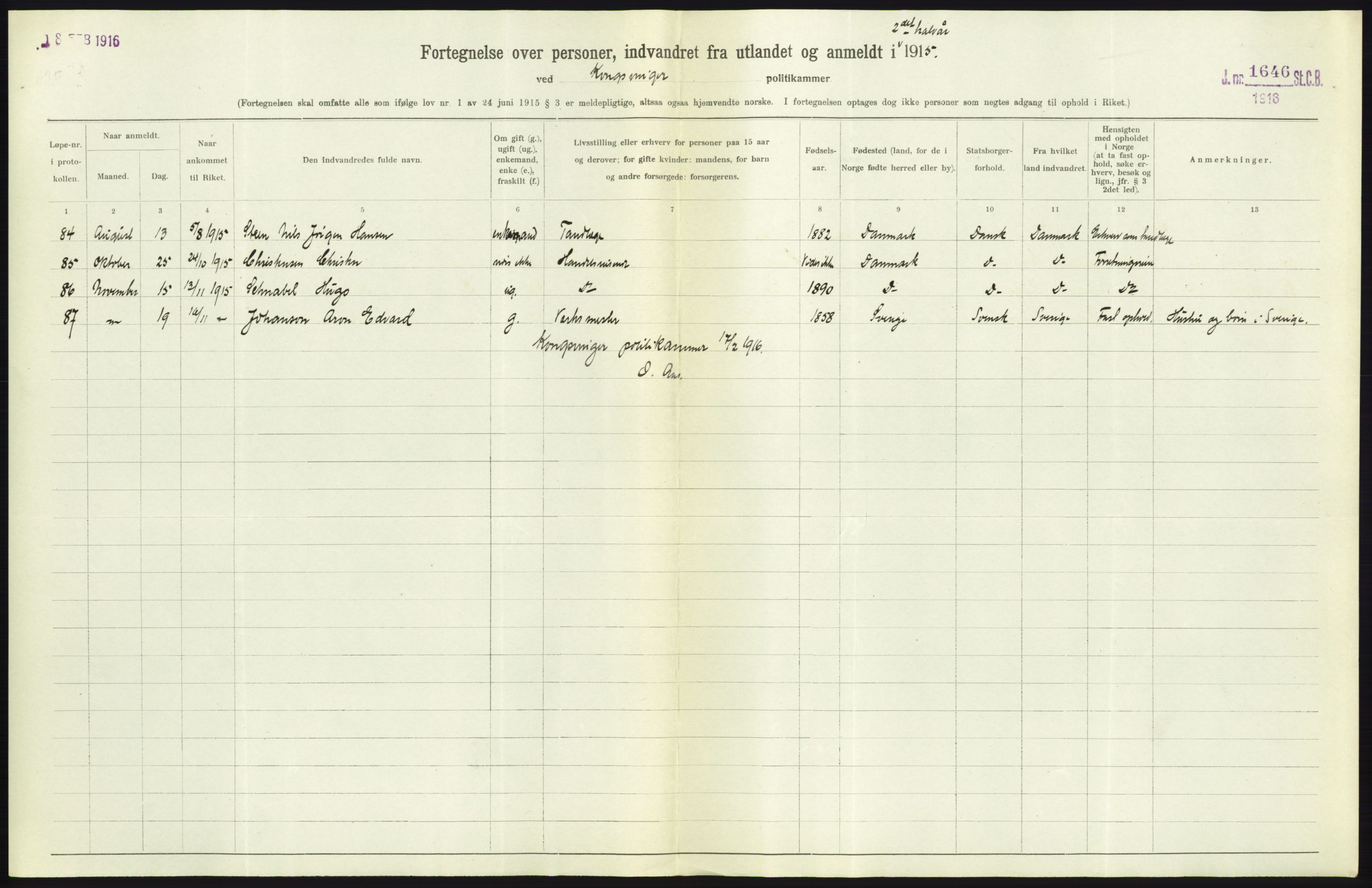 Statistisk sentralbyrå, Sosioøkonomiske emner, Folketellinger, boliger og boforhold, AV/RA-S-2231/F/Fa/L0001: Innvandring. Navn/fylkesvis, 1915, p. 155