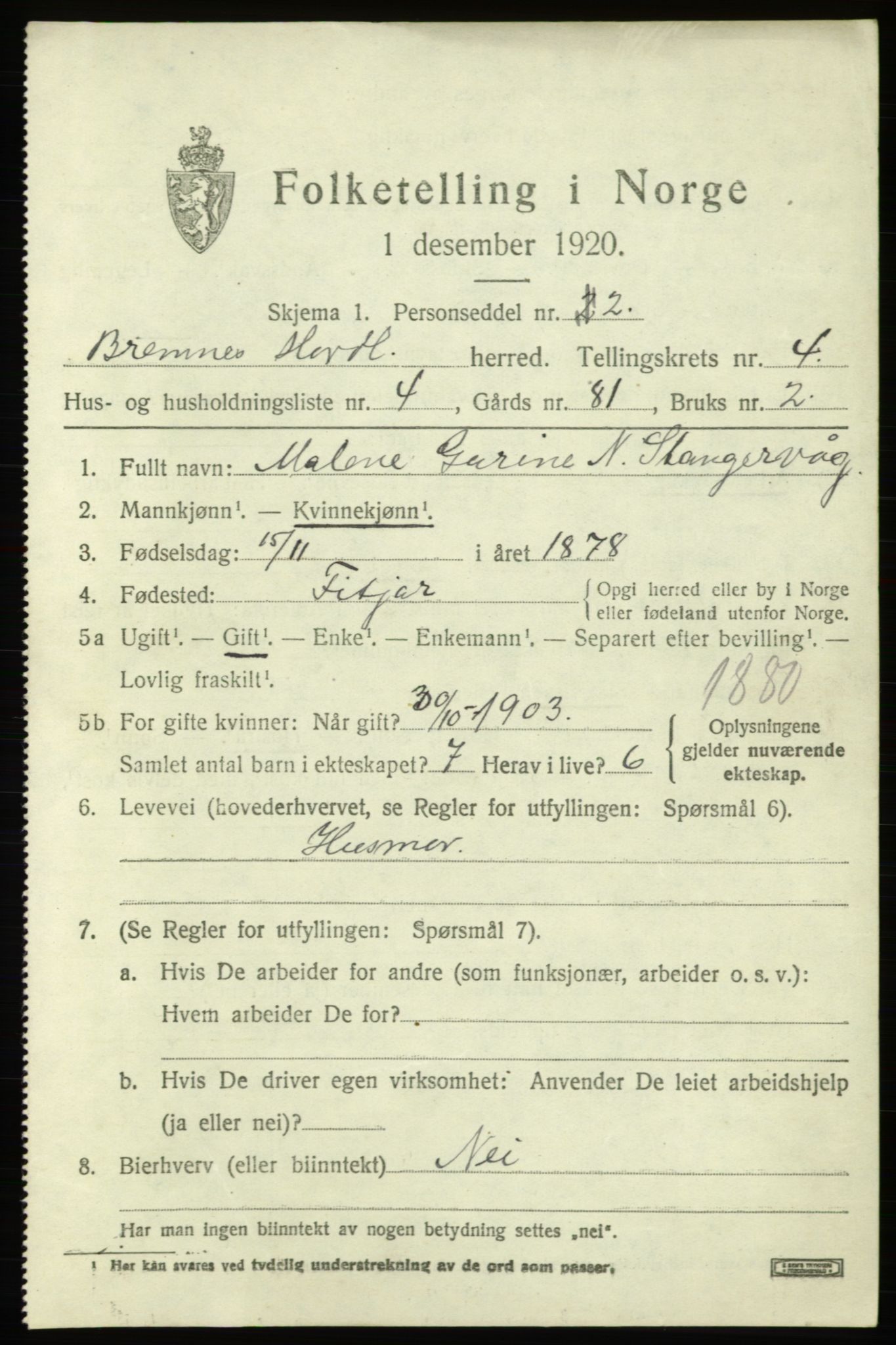SAB, 1920 census for Bremnes, 1920, p. 1848