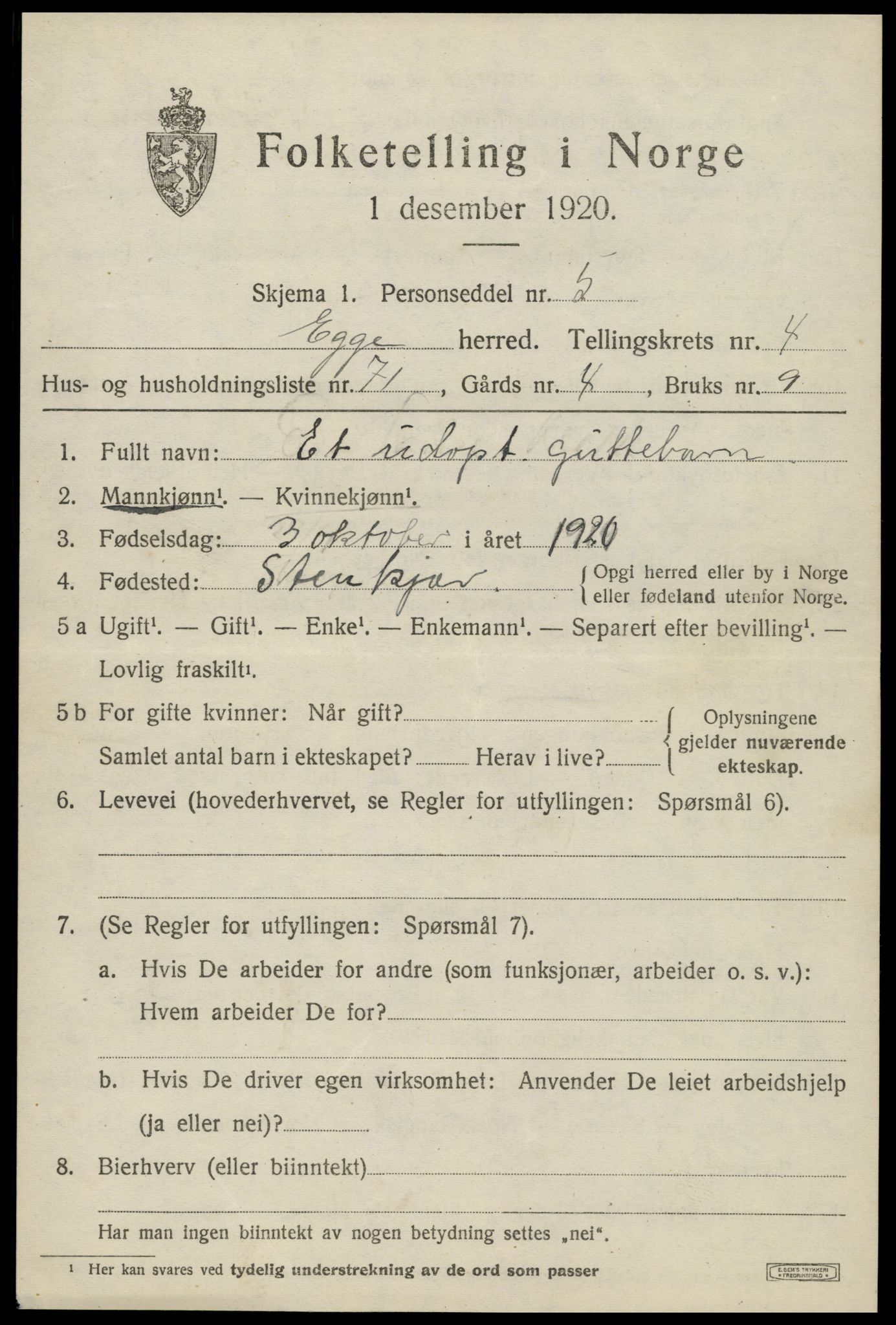 SAT, 1920 census for Egge, 1920, p. 3340