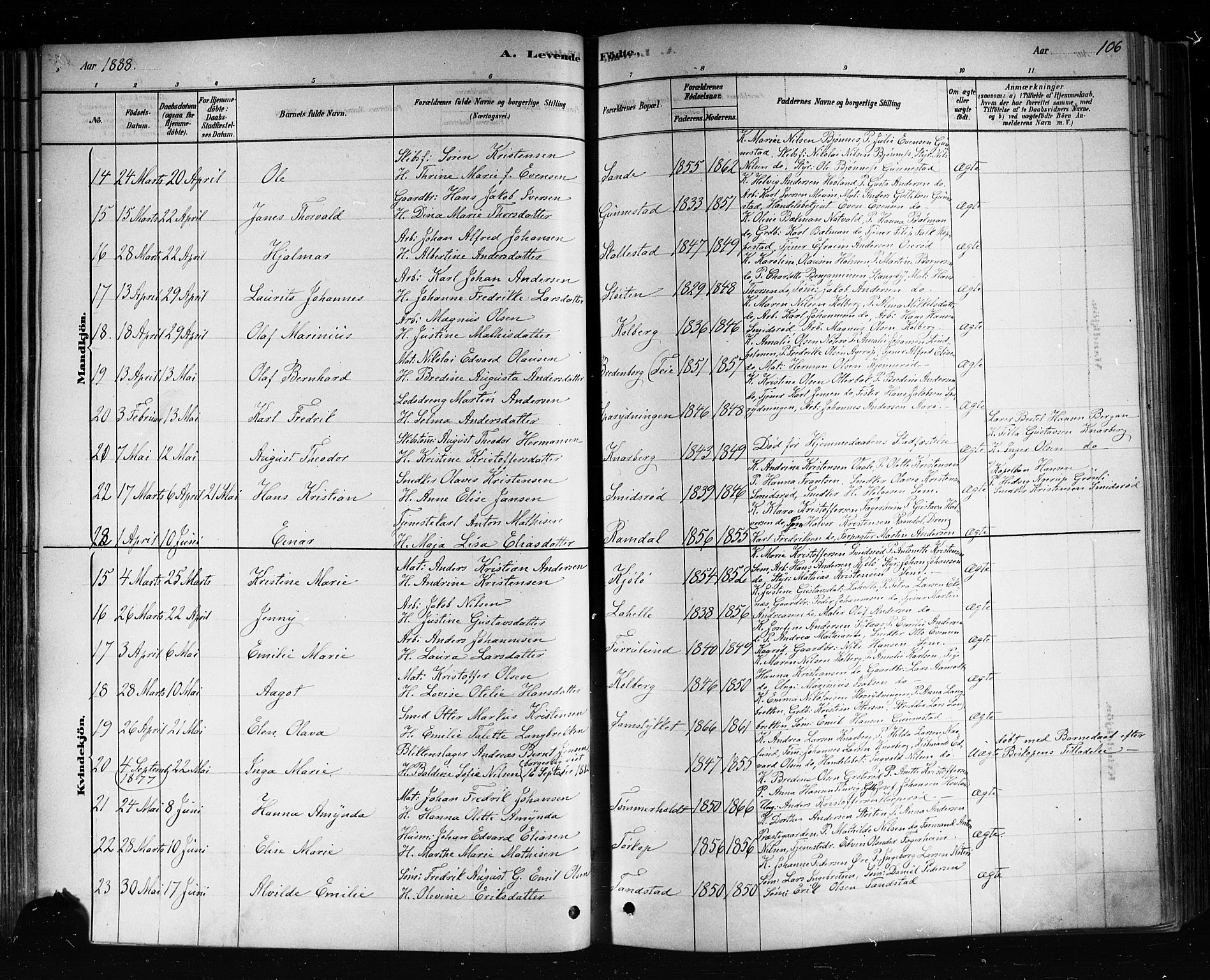 Nøtterøy kirkebøker, AV/SAKO-A-354/F/Fa/L0008: Parish register (official) no. I 8, 1878-1893, p. 106