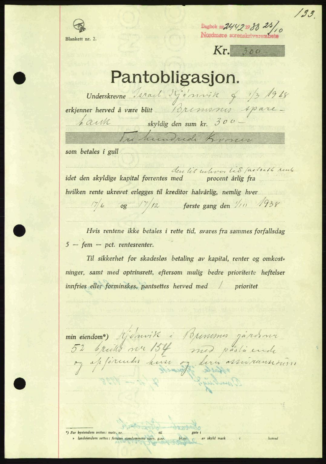 Nordmøre sorenskriveri, SAT/A-4132/1/2/2Ca: Mortgage book no. B84, 1938-1939, Diary no: : 2442/1938
