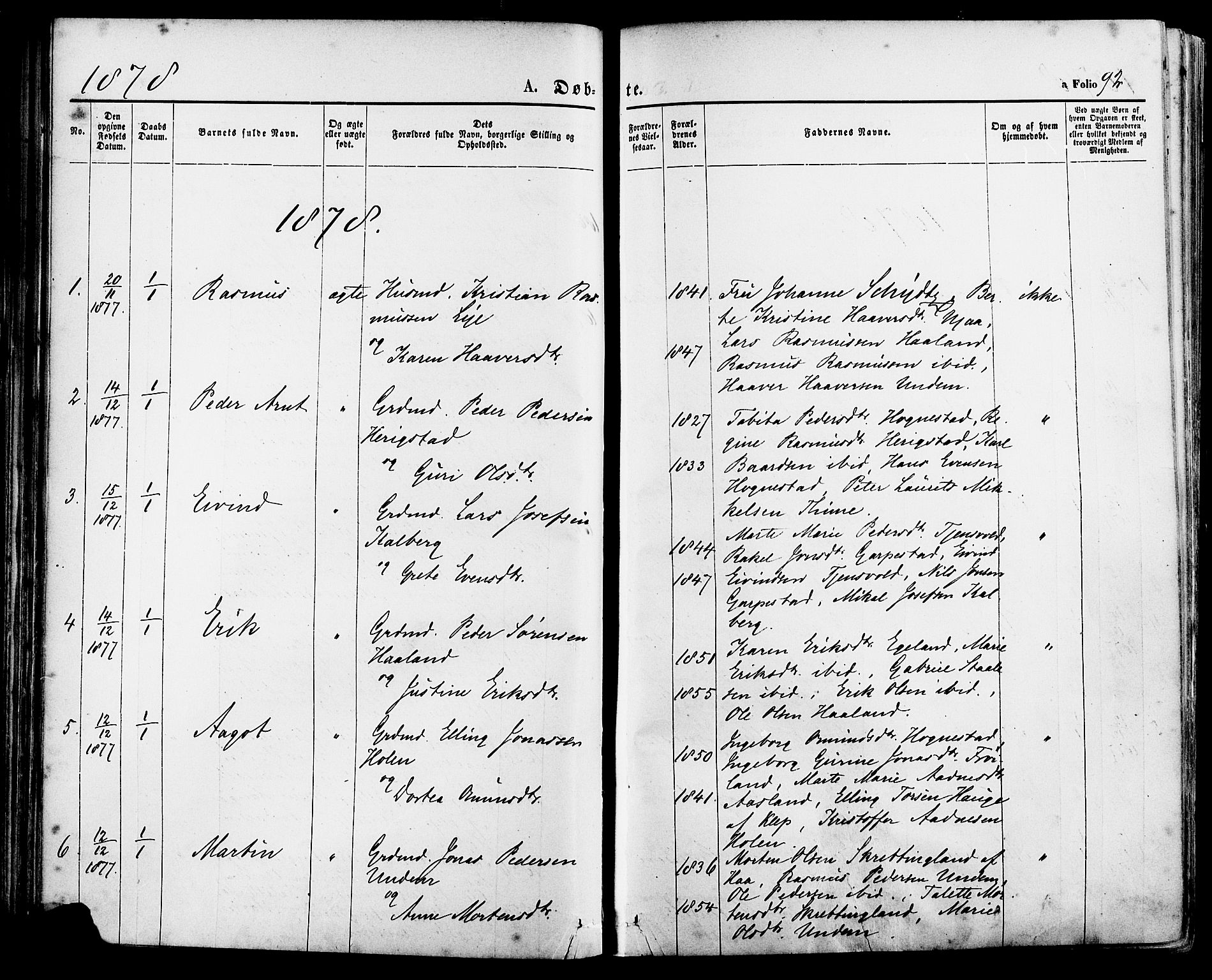 Lye sokneprestkontor, SAST/A-101794/001/30BA/L0008: Parish register (official) no. A 7, 1872-1881, p. 92