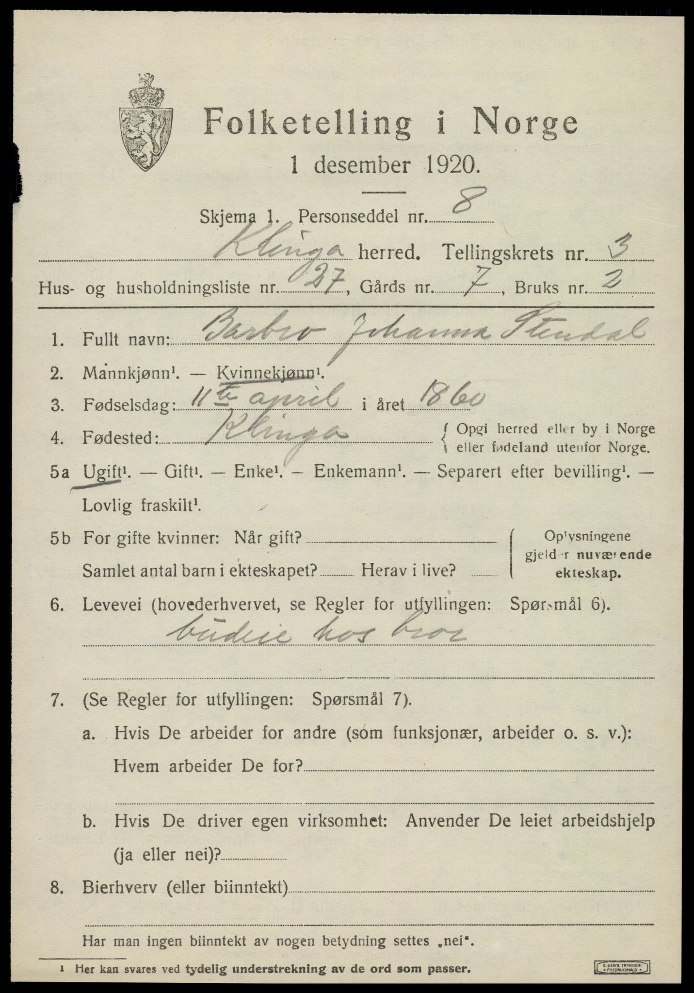 SAT, 1920 census for Klinga, 1920, p. 2401